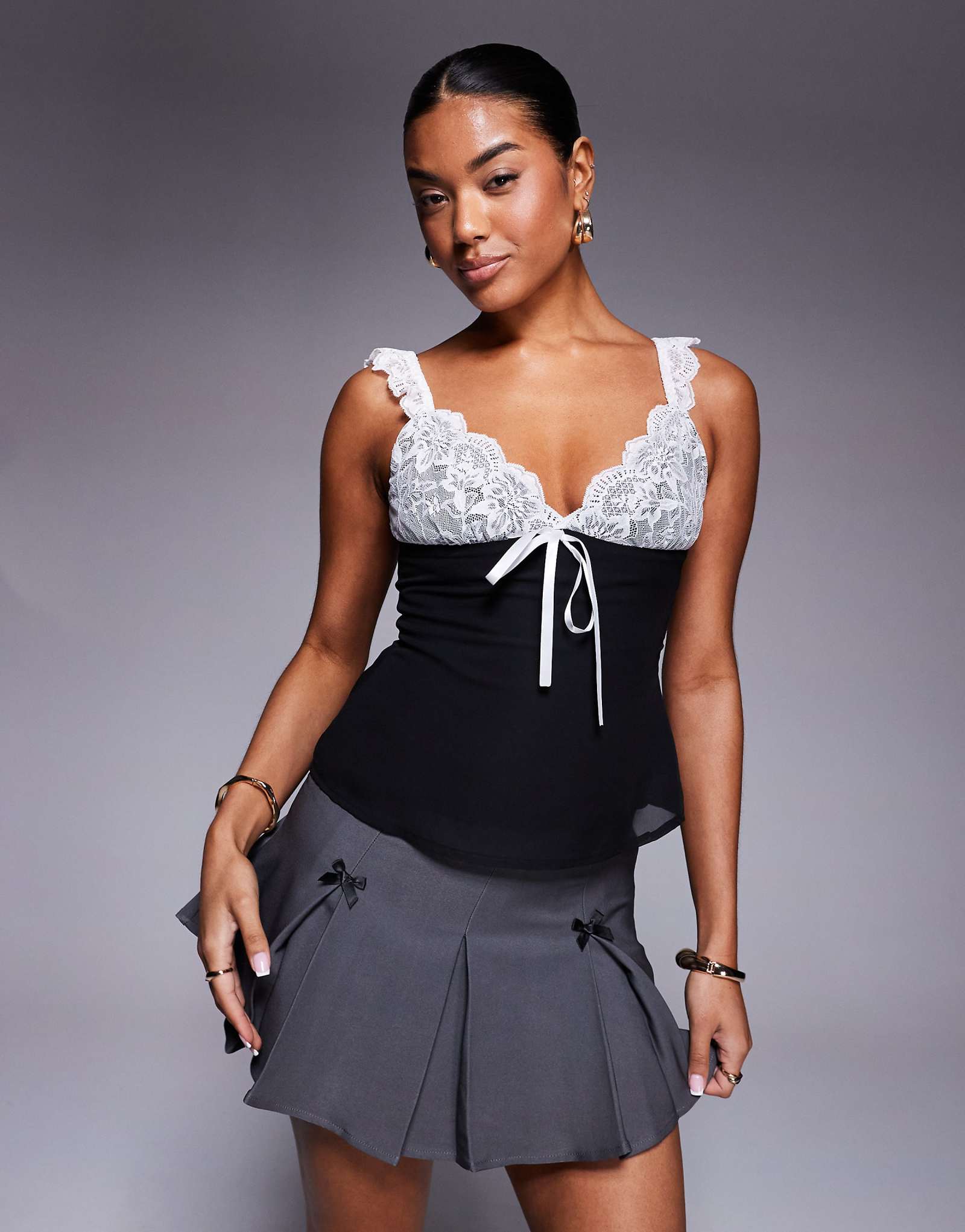 Princess Polly lace contrast bow detail top in black and white