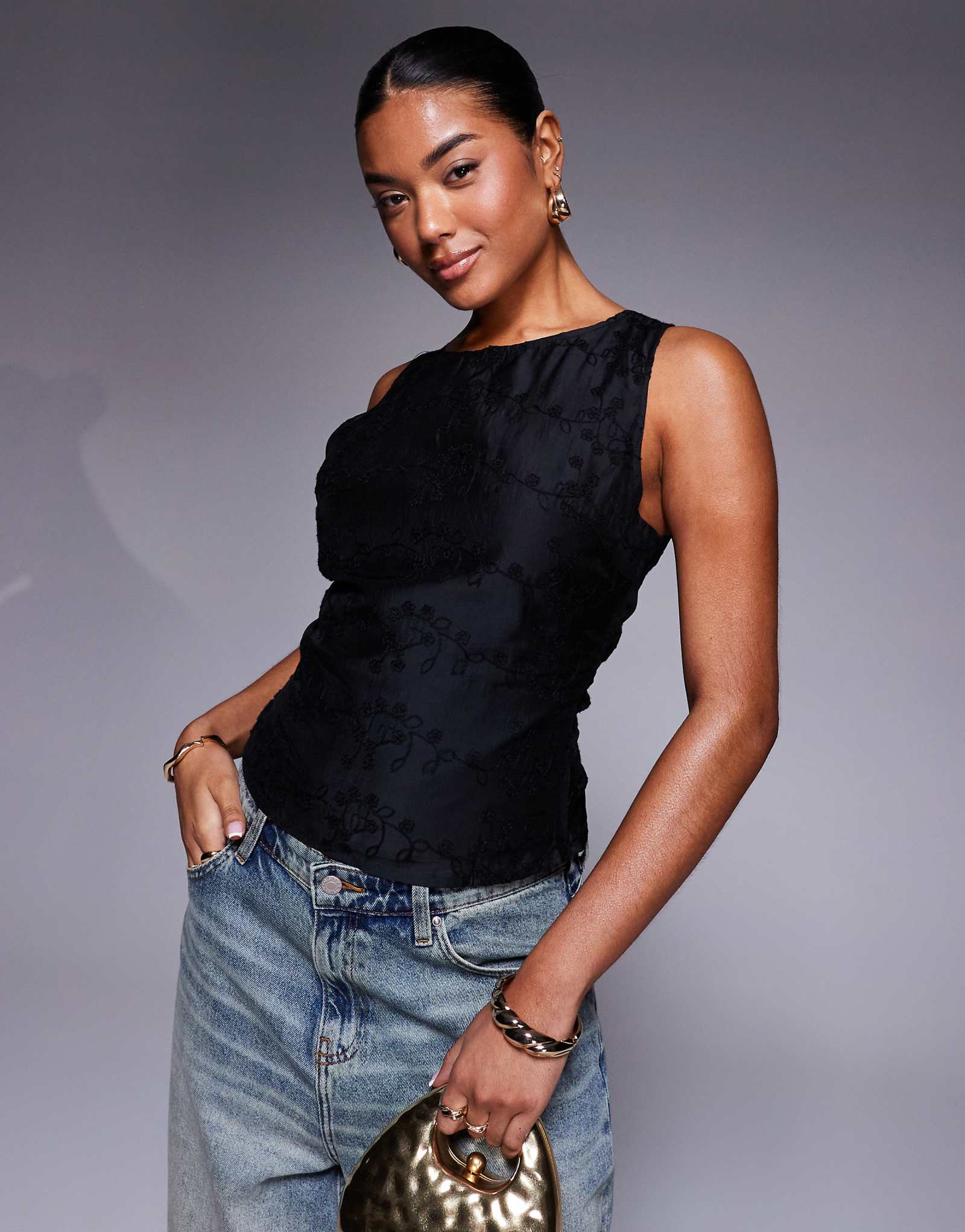 Princess Polly lace sleeveless tank top in black flower print