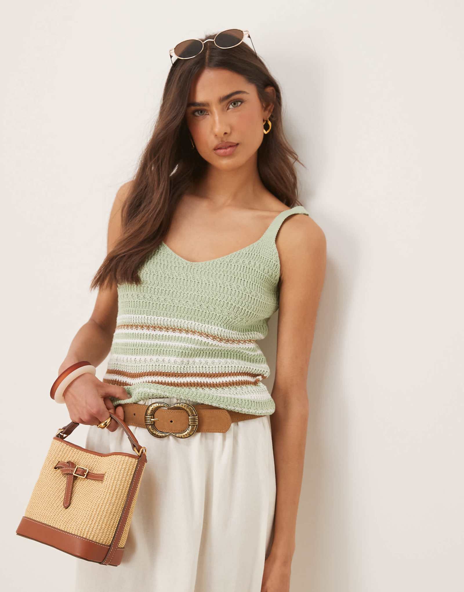 JDY crochet cami top in light green stripes 6090₽