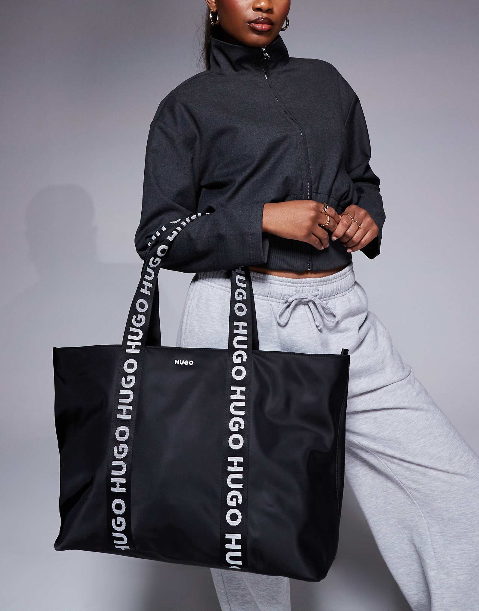 HUGO Red Bel nylon tote bag with logo handle in black