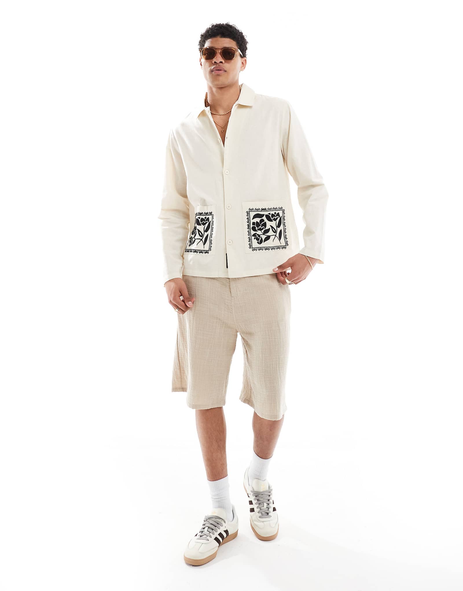 Native Youth embroidered collared overshirt in natural