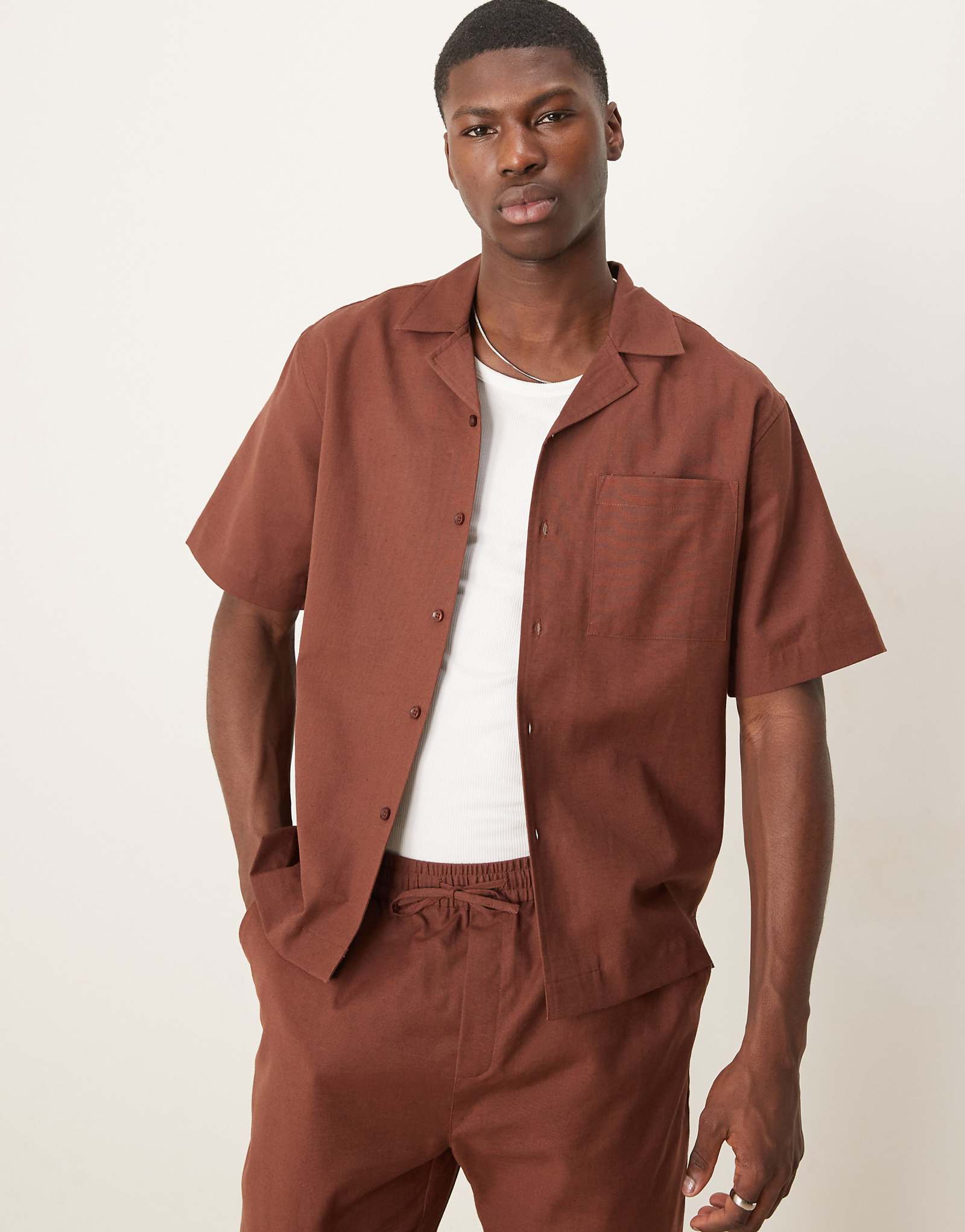 Free Society linen-blend short sleeve beach shirt in brown - part of a set