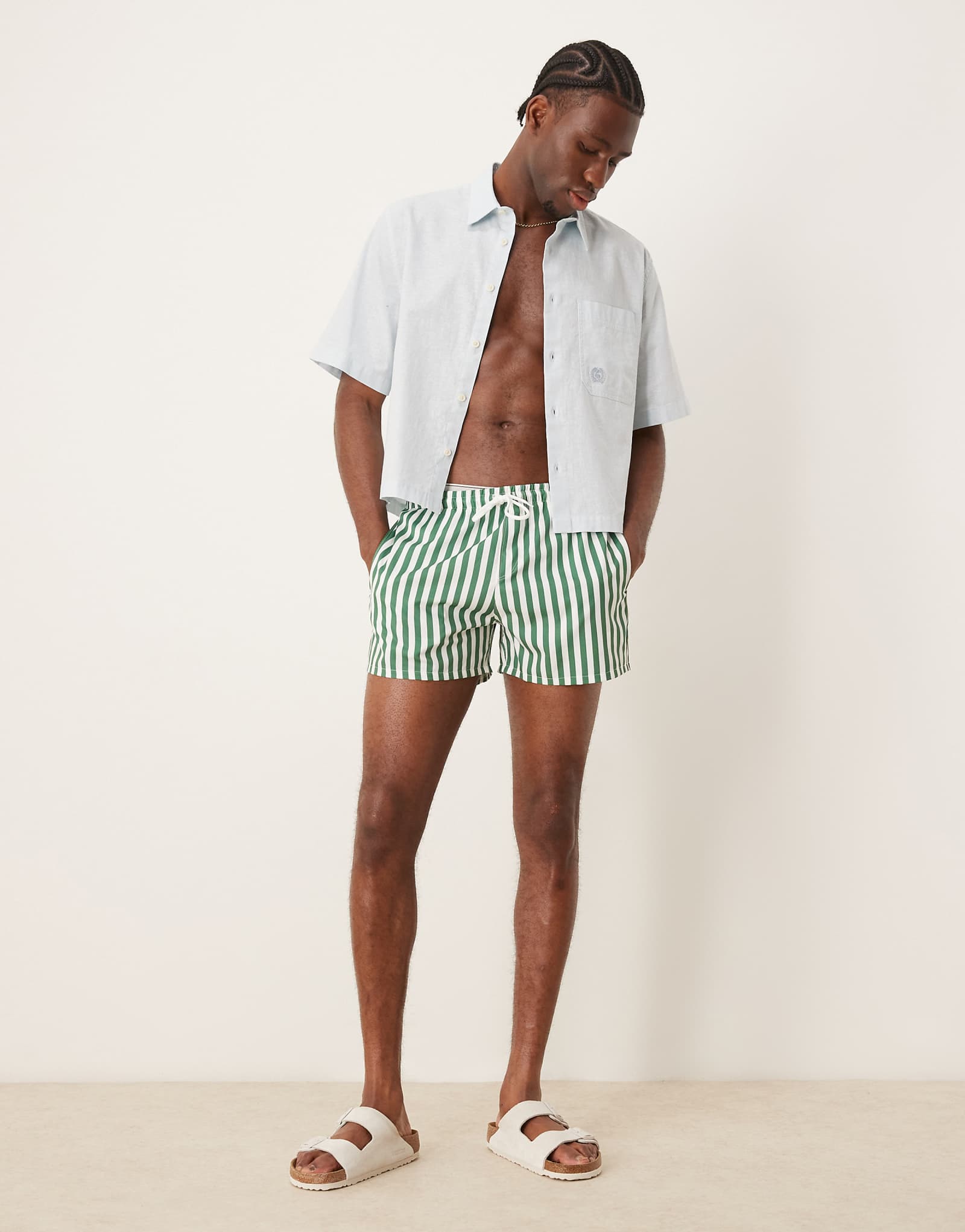 Free Society stripe swim shorts in green