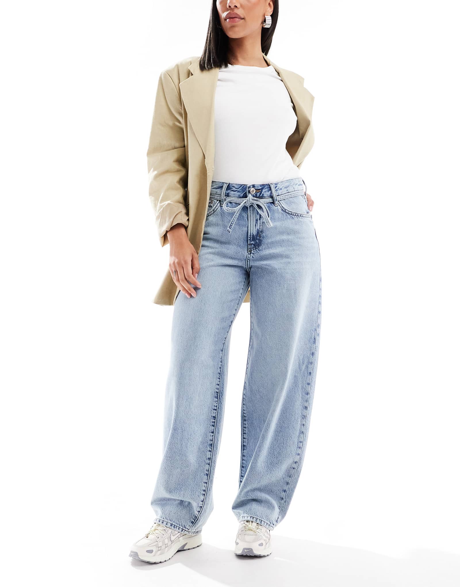 ONLY Gianna tie waist straight leg jeans in light blue