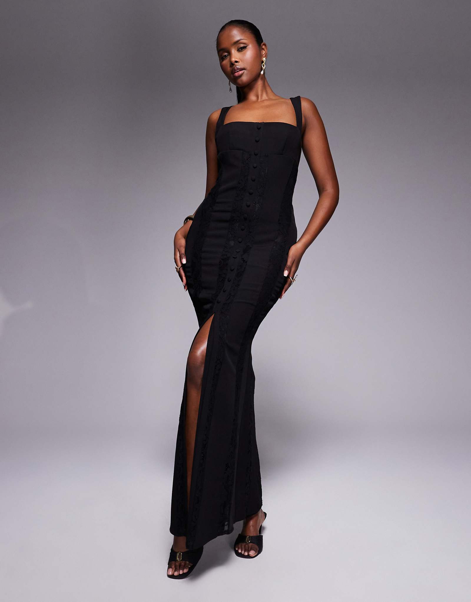 Murci Exclusive square neck sheer lace panel maxi dress in black