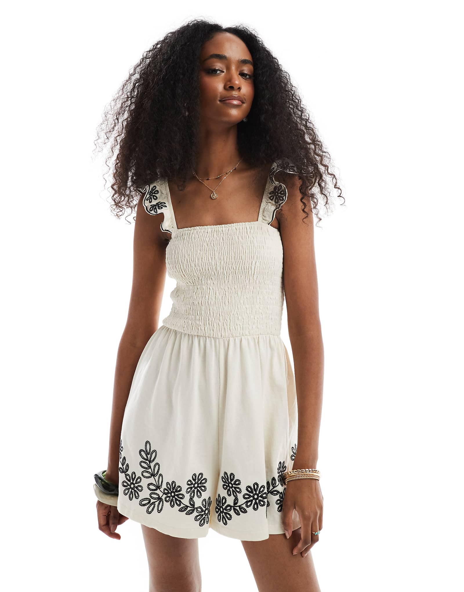 Miss Selfridge embroidered frill sleeves romper in cream