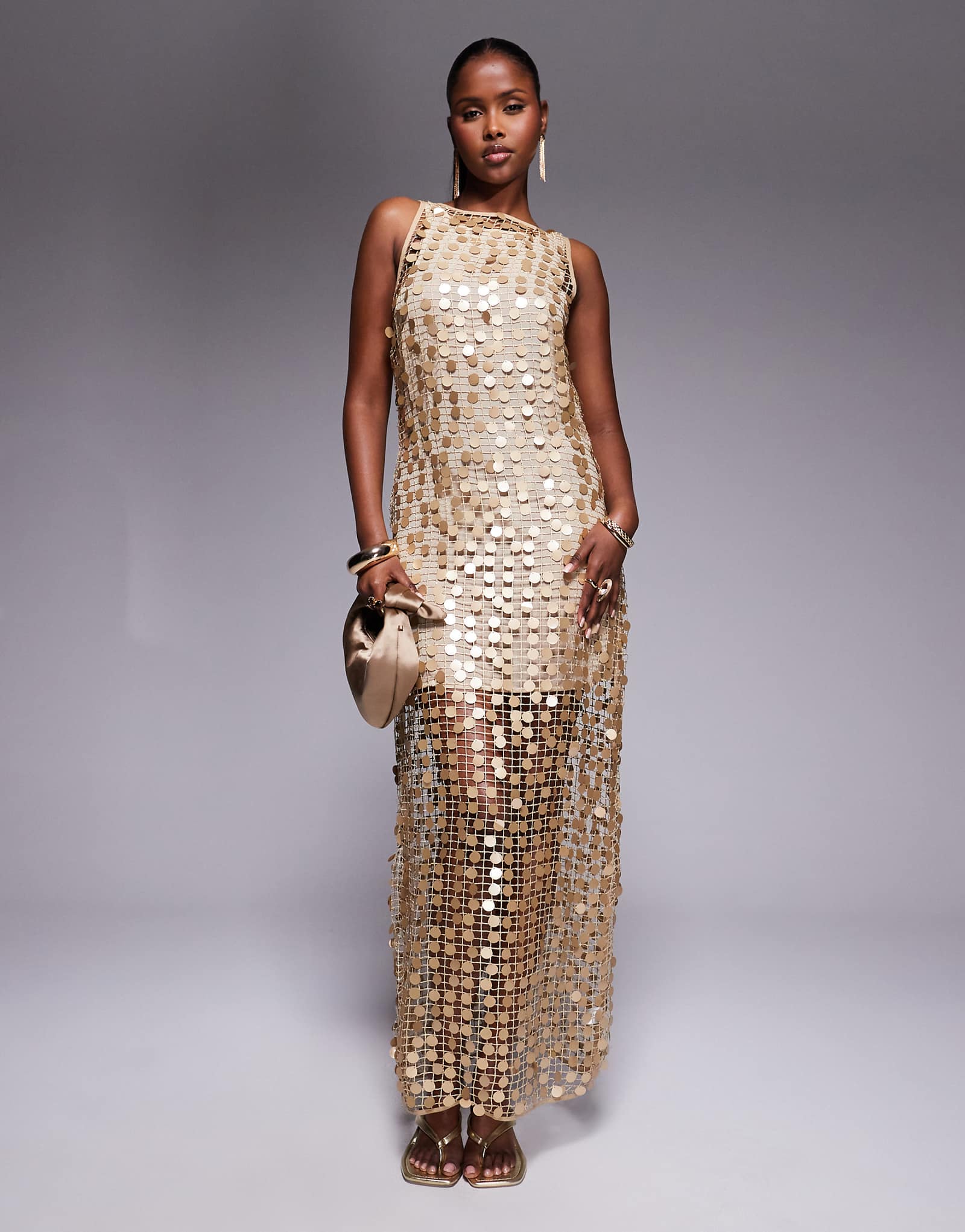 River Island sequin crochet maxi dress in gold 26090₽