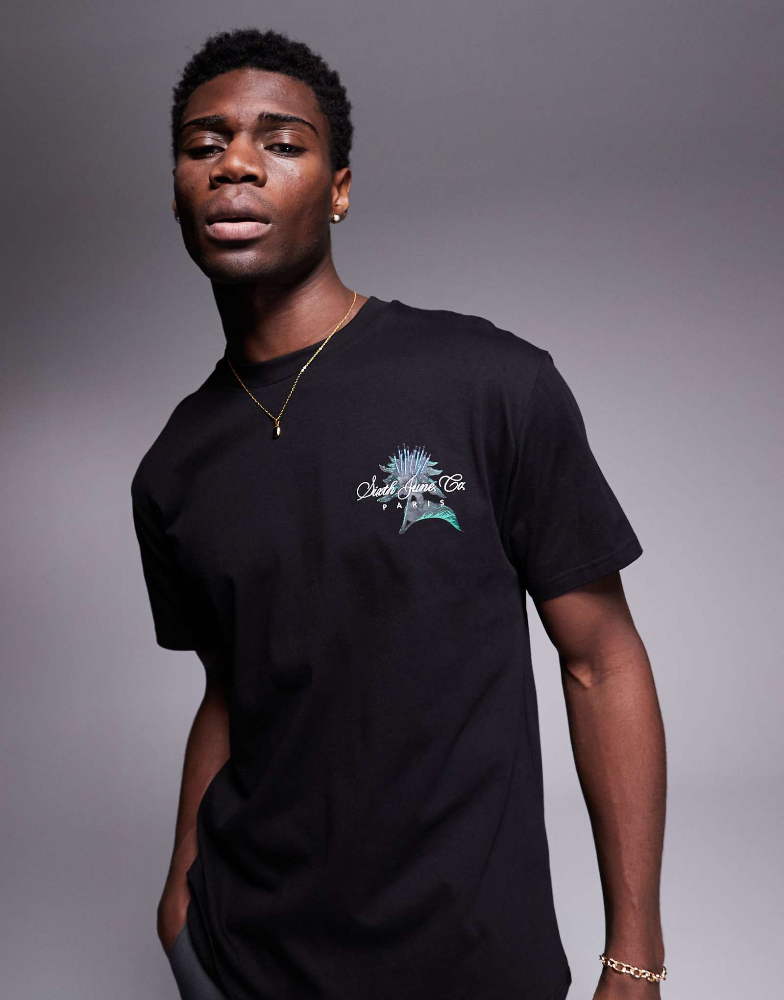 Sixth June botanical back print t-shirt in black