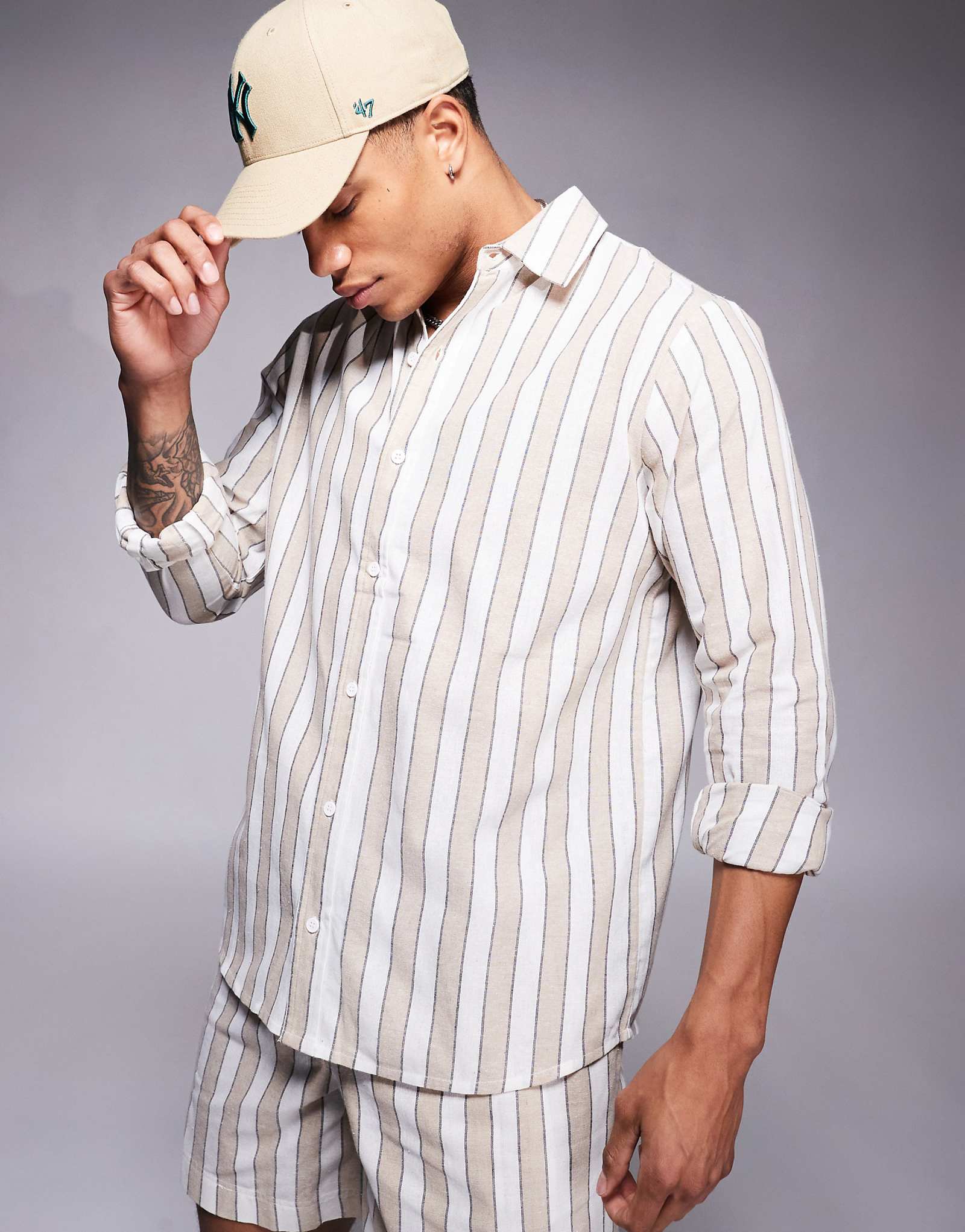 South Beach long sleeve beach shirt in beige and white stripe 9290₽