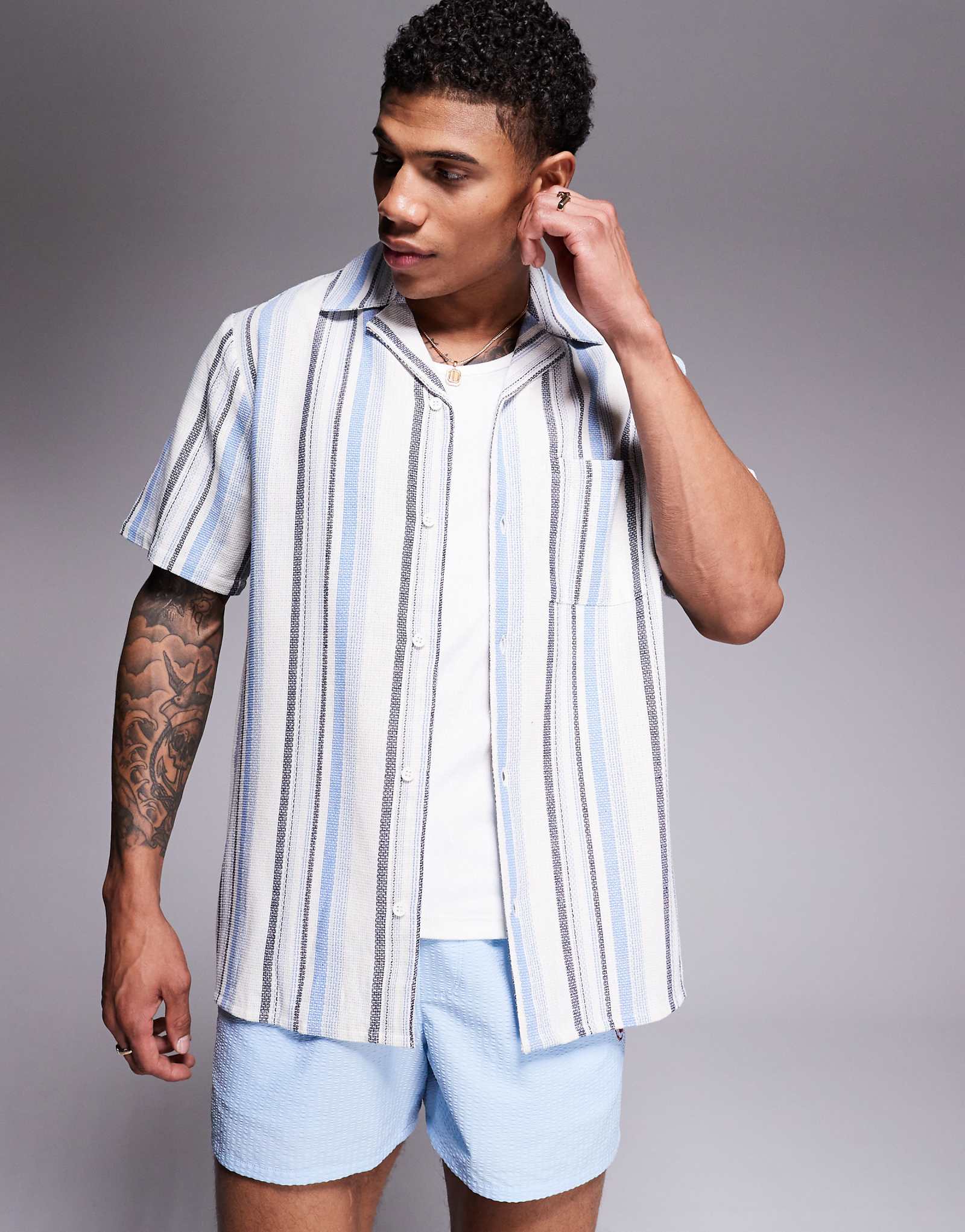 South Beach short sleeve beach shirt in blue multi stripe 8390₽