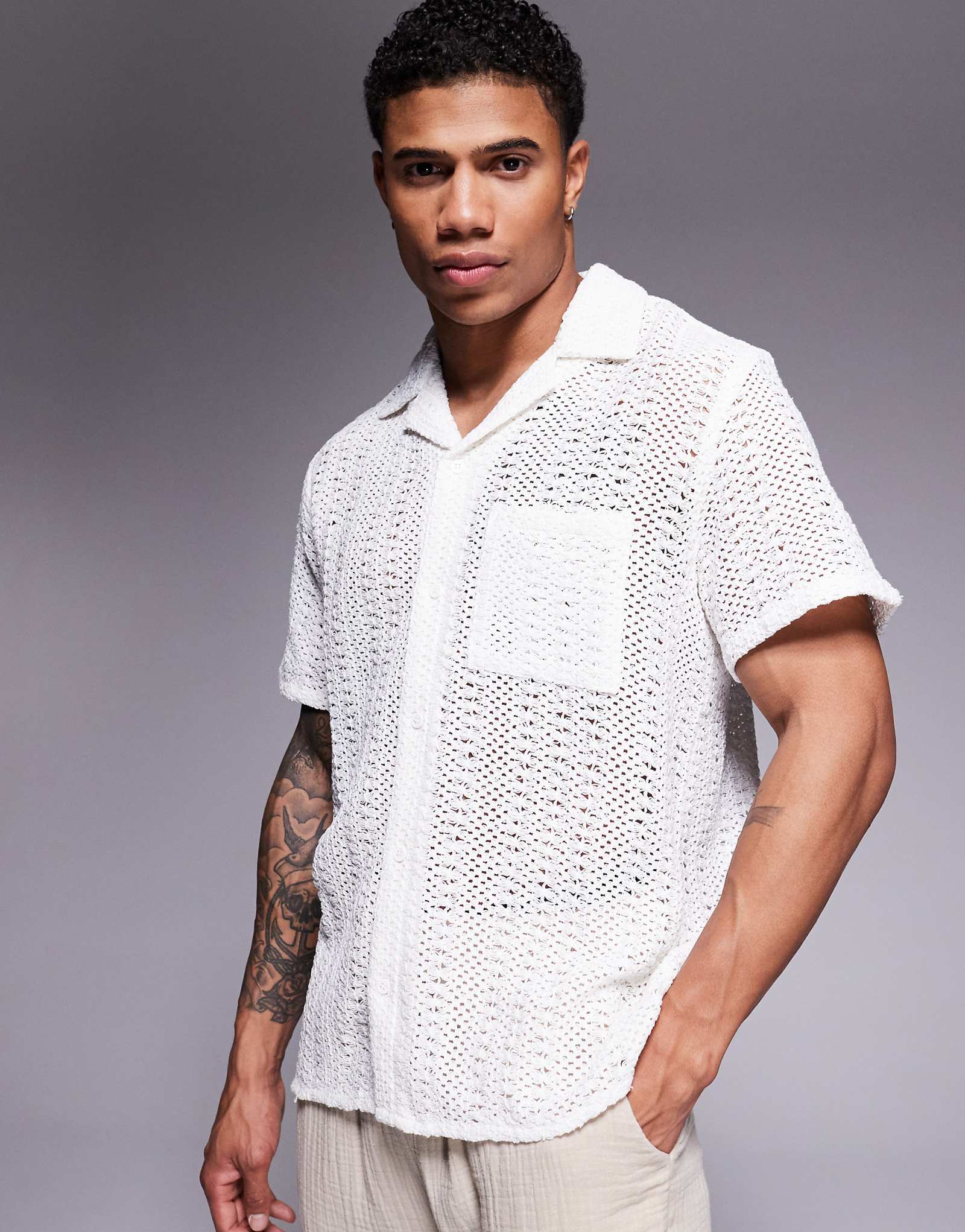 South Beach short sleeve crochet beach shirt in white 8190₽
