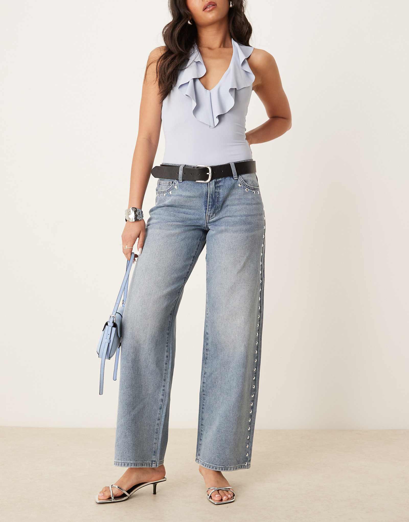 JDY wide leg jeans with studs detail in light blue wash