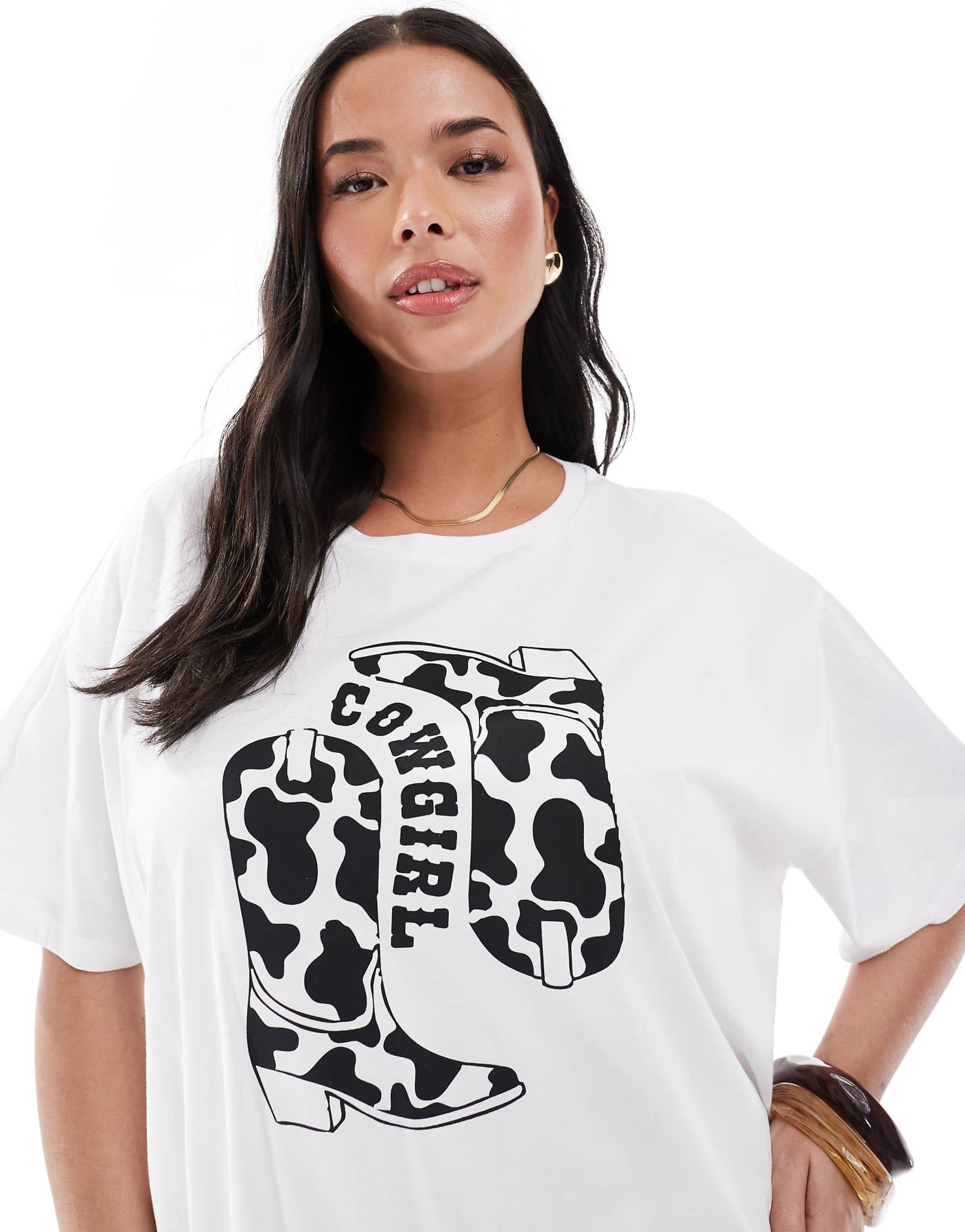 Pieces Curve oversized t-shirt with cowgirl graphic in white