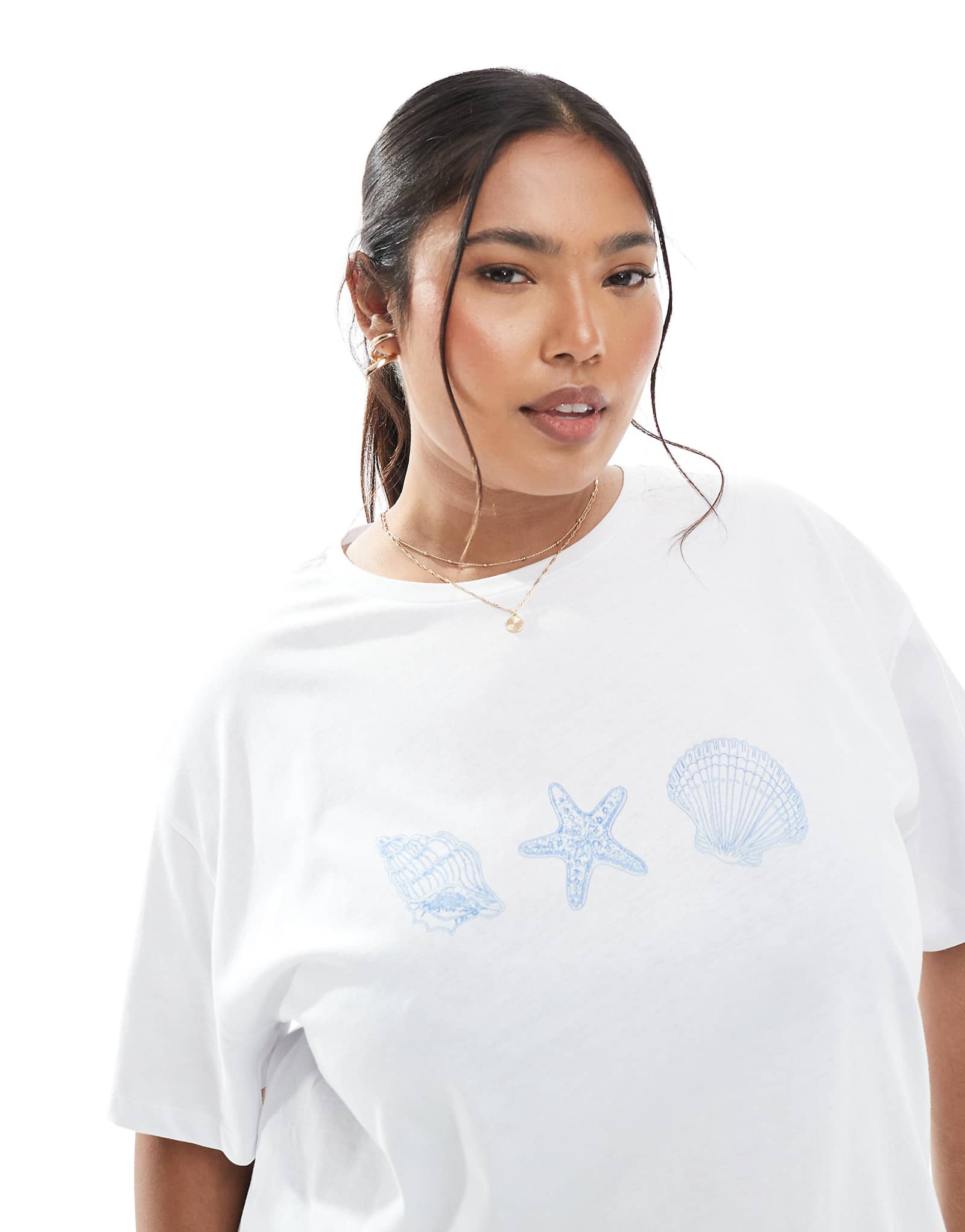 Pieces Curve oversized t-shirt with 3 seashell graphic in white 6090₽