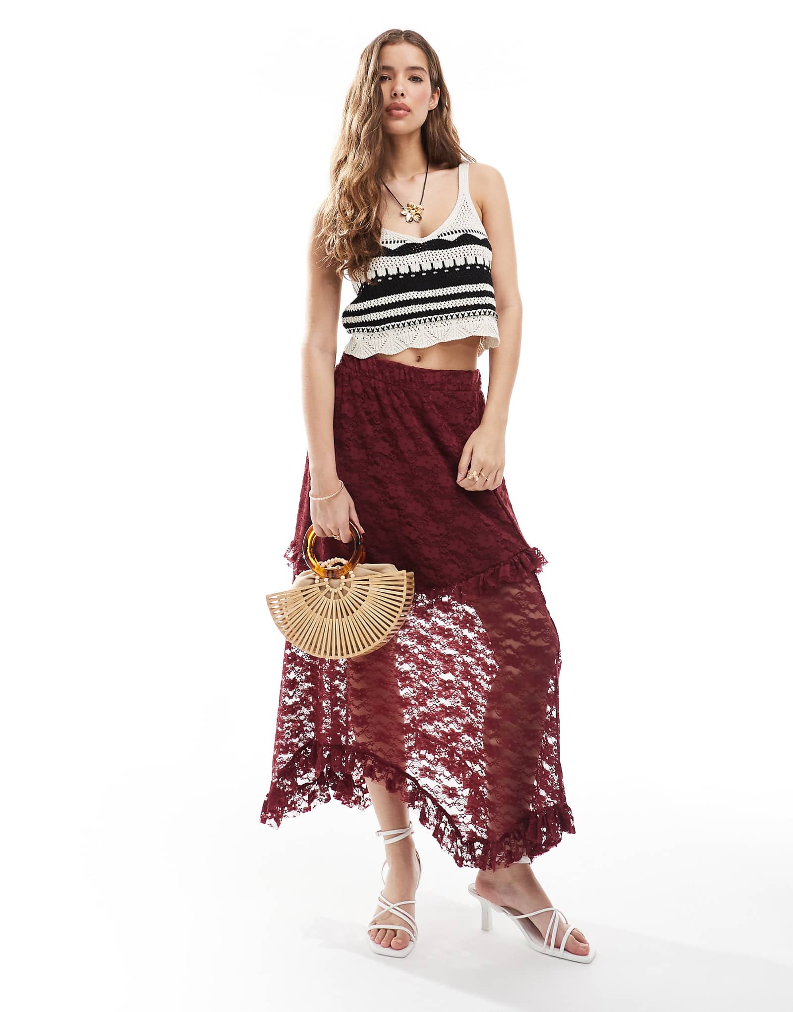 ONLY tiered lace maxi skirt in burgundy