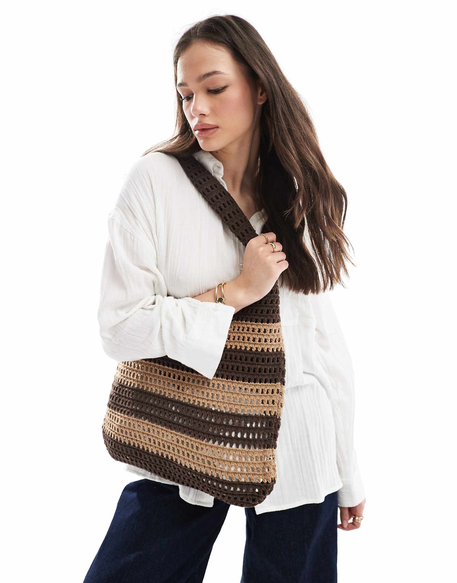 JJXX knit beach bag in brown stripe 7590₽