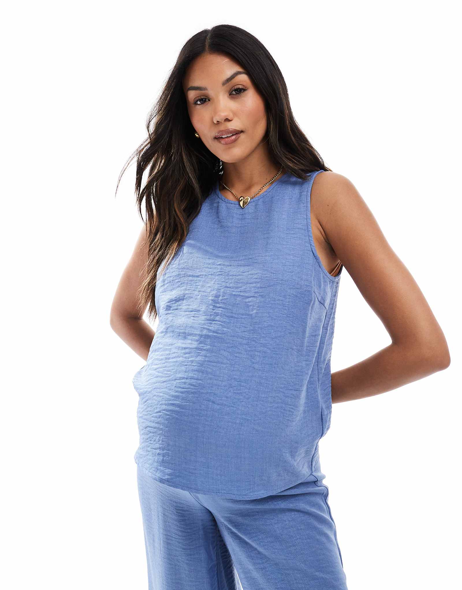 Mamalicious crinkle textured tank top with tie side detail in blue - part of a set