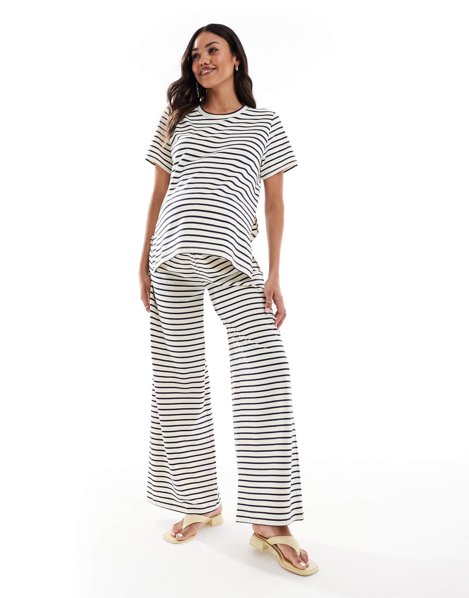 Mamalicious Maternity wide leg jersey pants in cream and navy stripe - part of a set