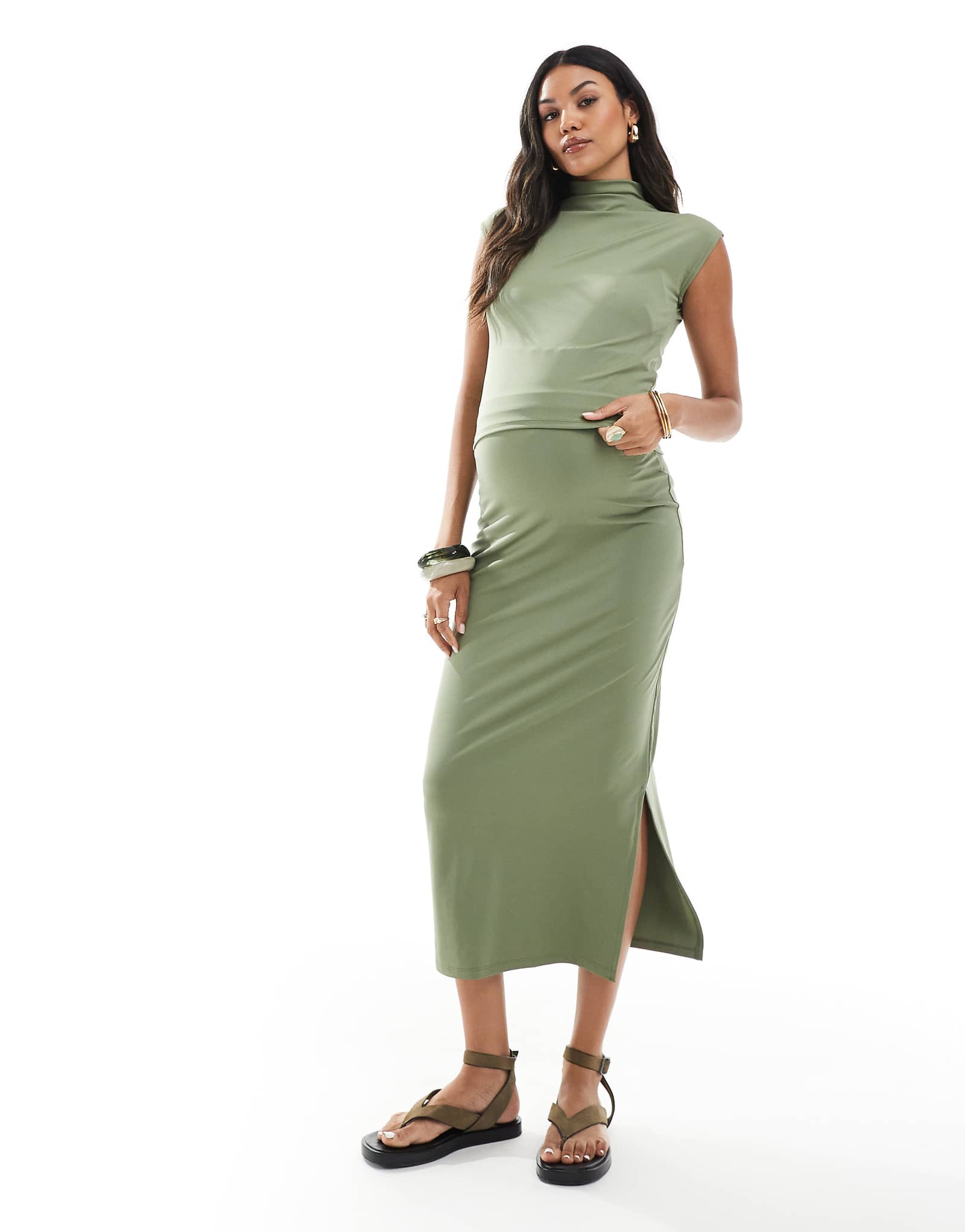 Mamalicious jersey midi skirt with size split detail in lichen green - part of a set
