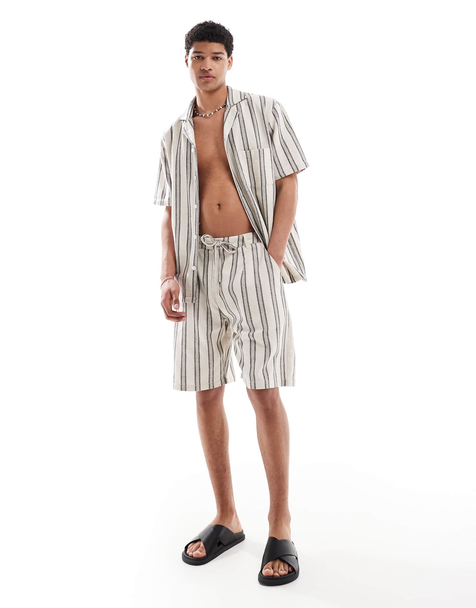 Sol Beach striped crochet beach shorts in gray and white