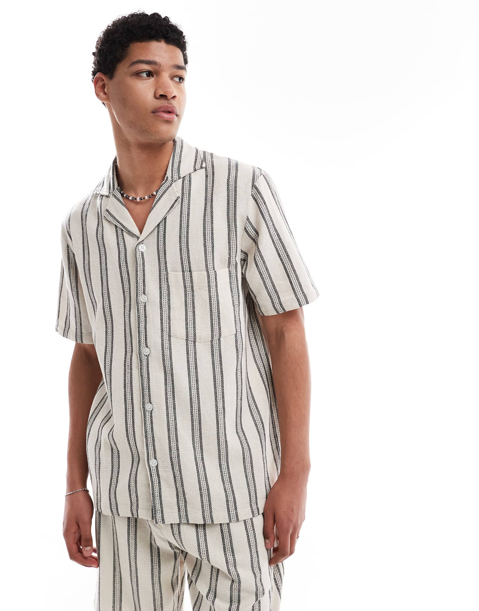 Sol Beach striped crochet beach shirt in gray and white