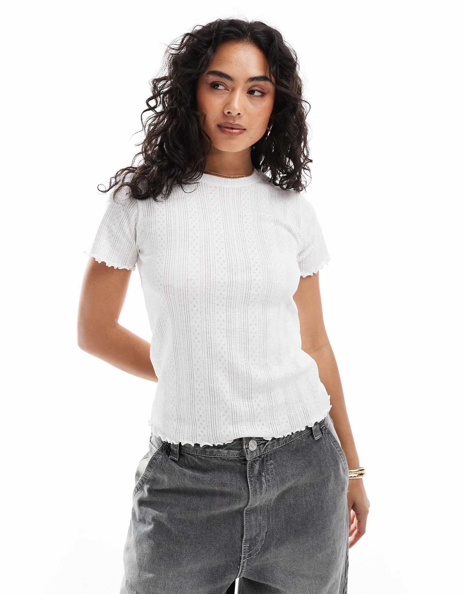 Pieces pointelle t-shirt with baby lock detail in white