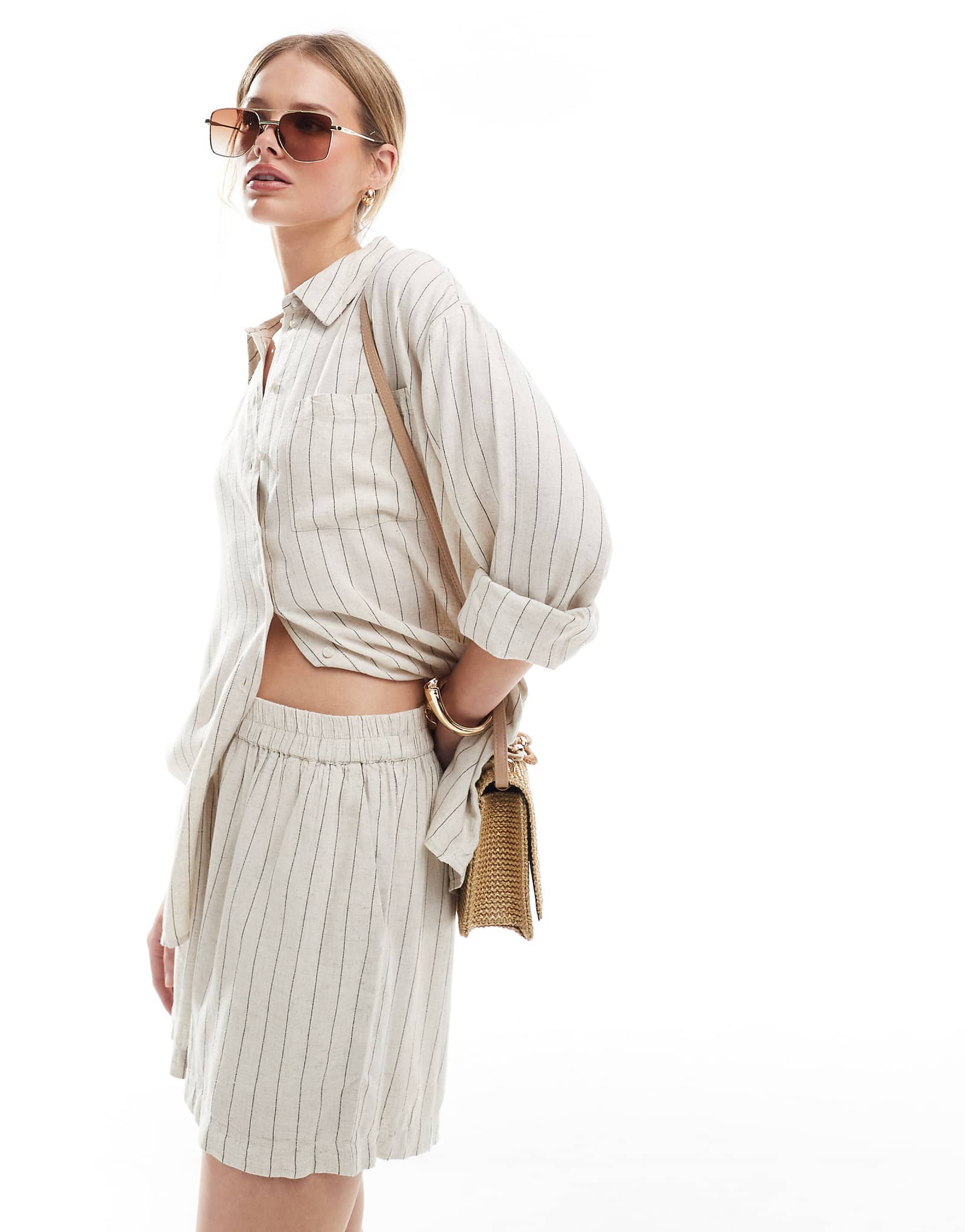 Pieces linen touch shorts in birch cream and black stripe - part of a set
