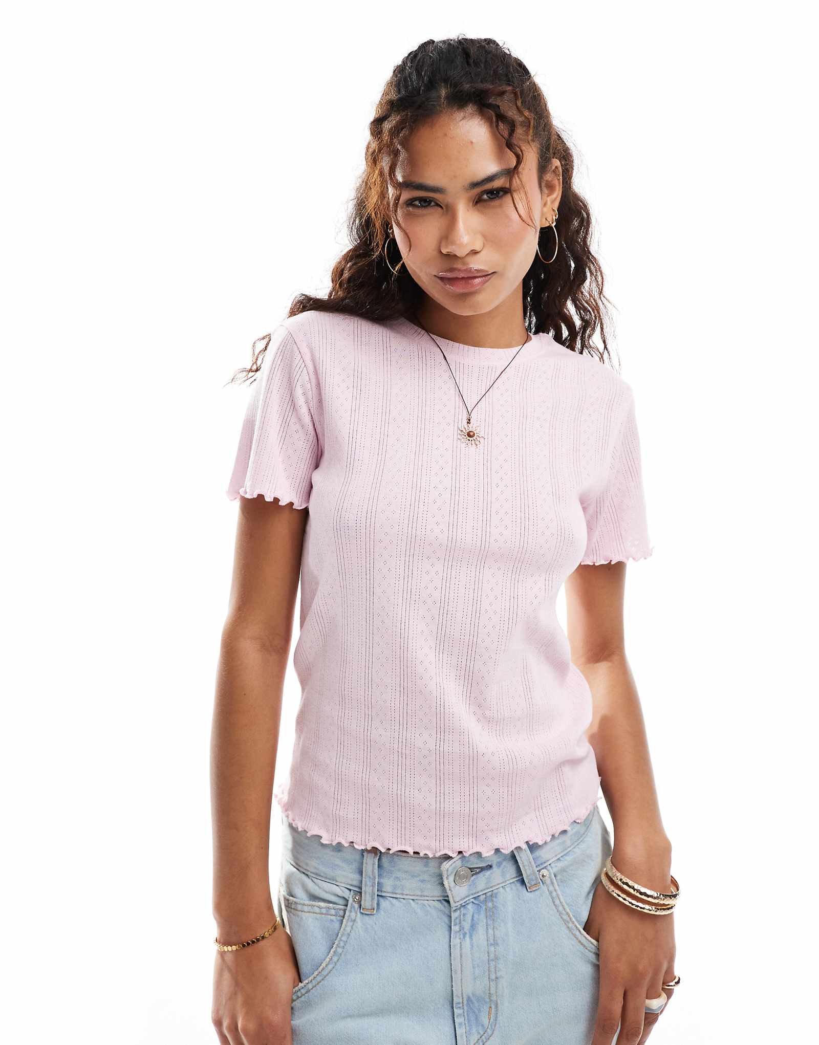 Pieces pointelle t-shirt with baby lock detail in roseate pink 3690₽