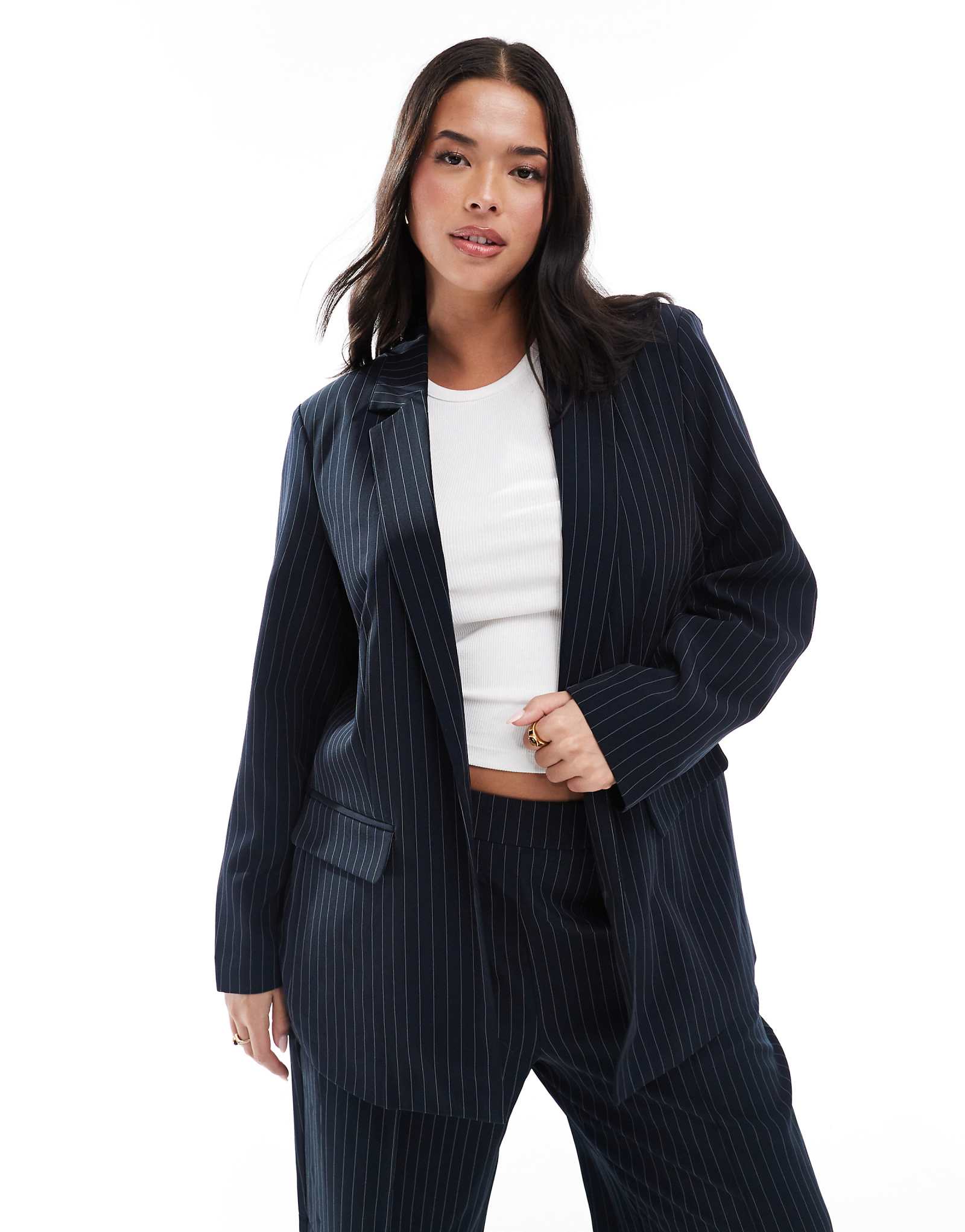 Pieces Curve tailored blazer in black pinstripe - part of a set