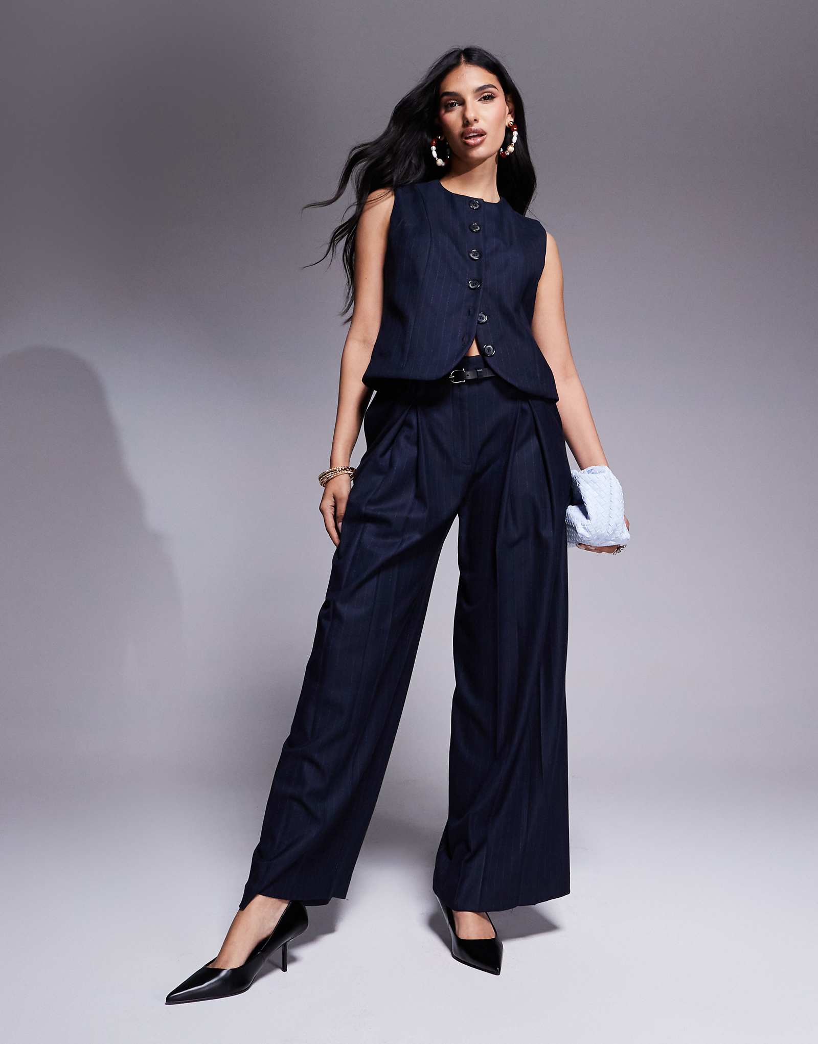 River Island wide leg pants in navy pinstripe 12290₽