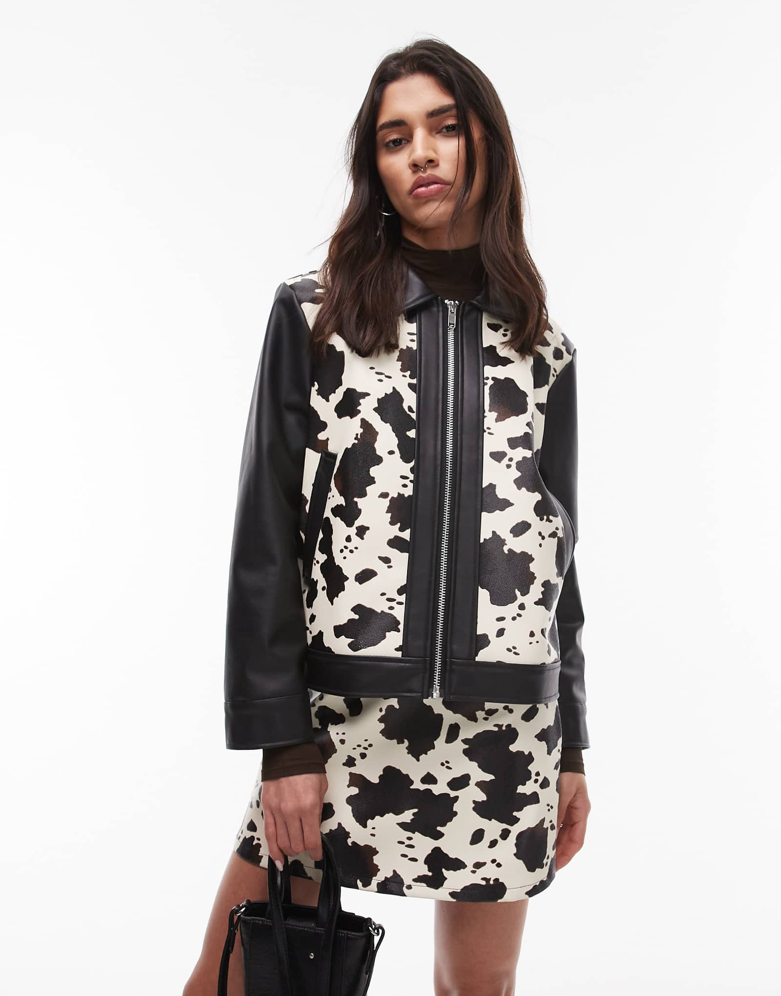 Resume zip up PU jacket in cow print - part of a set