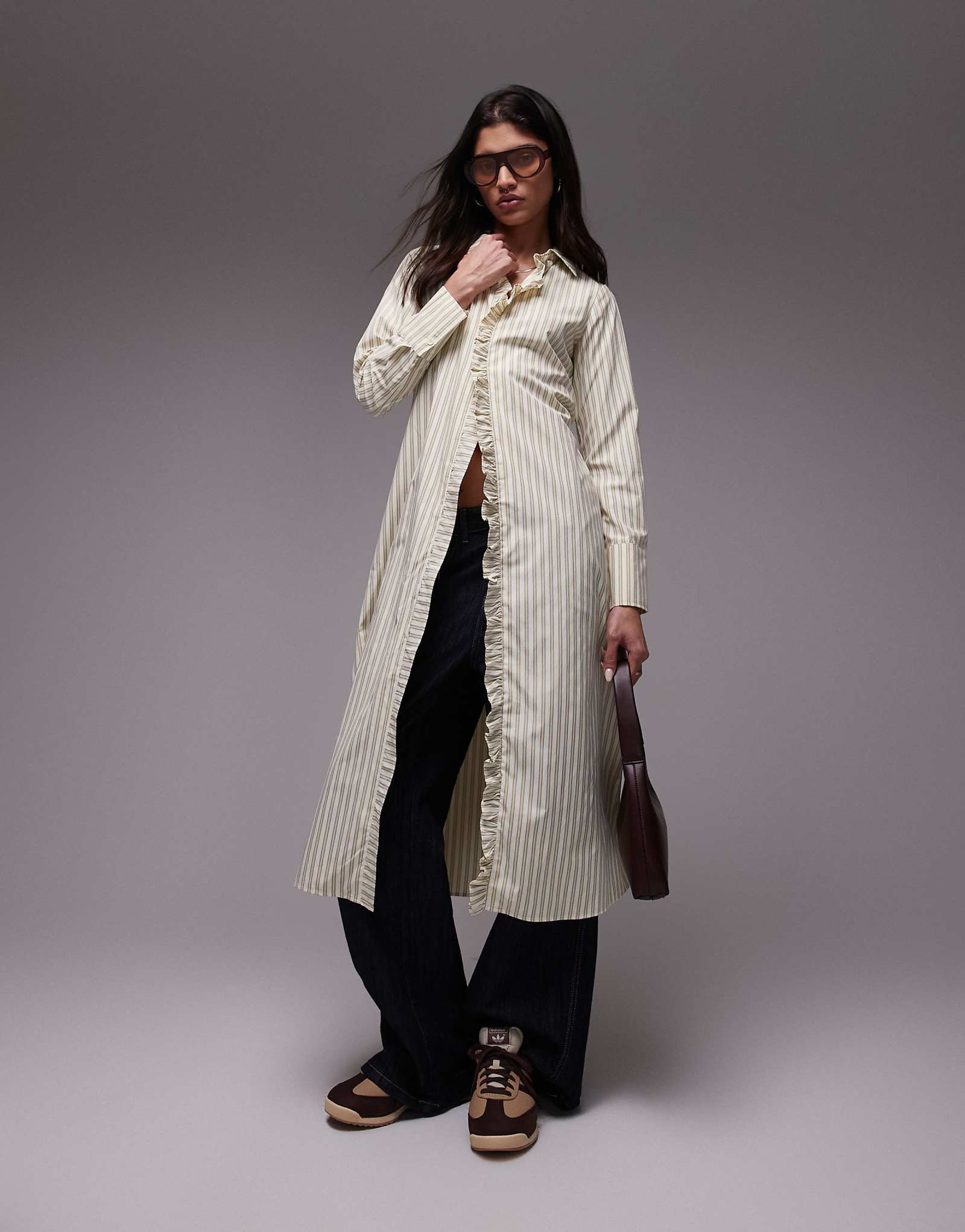 Resume fitted midaxi shirt dress with ruffle placket in multi creme stripe 25290₽