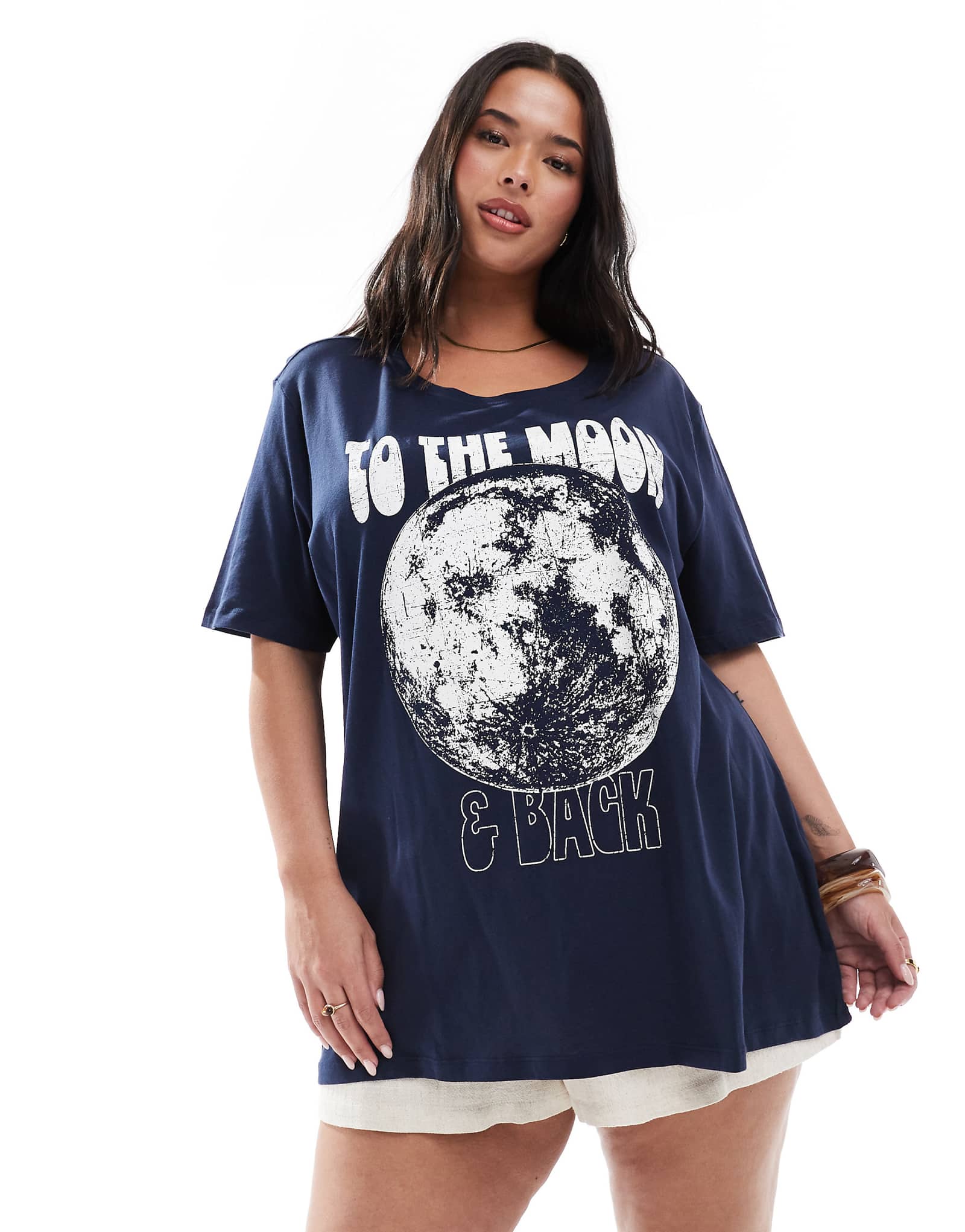 ONLY Curve moon graphic boyfriend fit T-shirt in navy