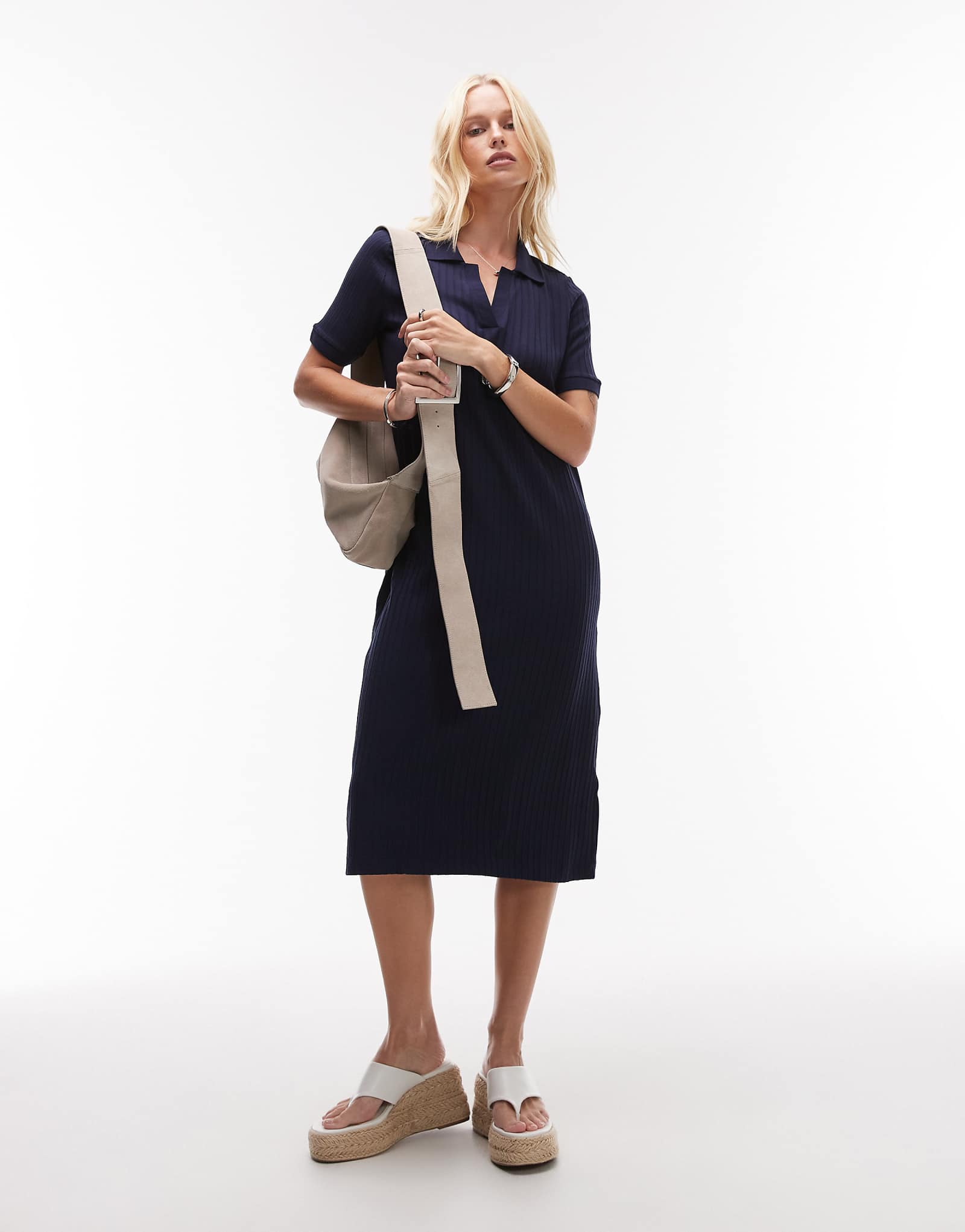 ARKET jersey ribbed midi polo dress in navy 11390₽