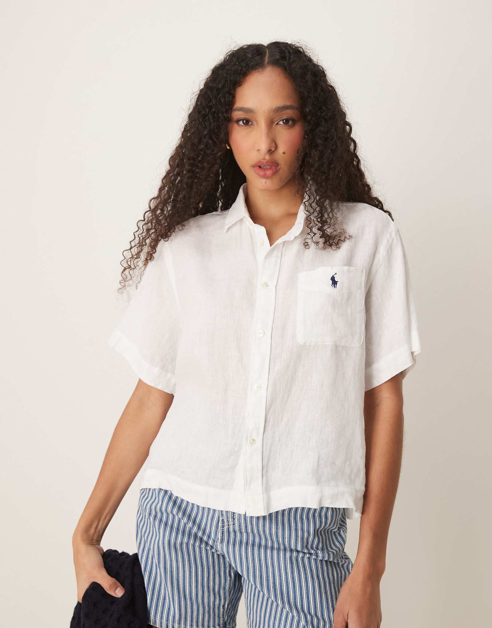 Polo Ralph Lauren cropped short sleeve linen shirt in white 28390₽