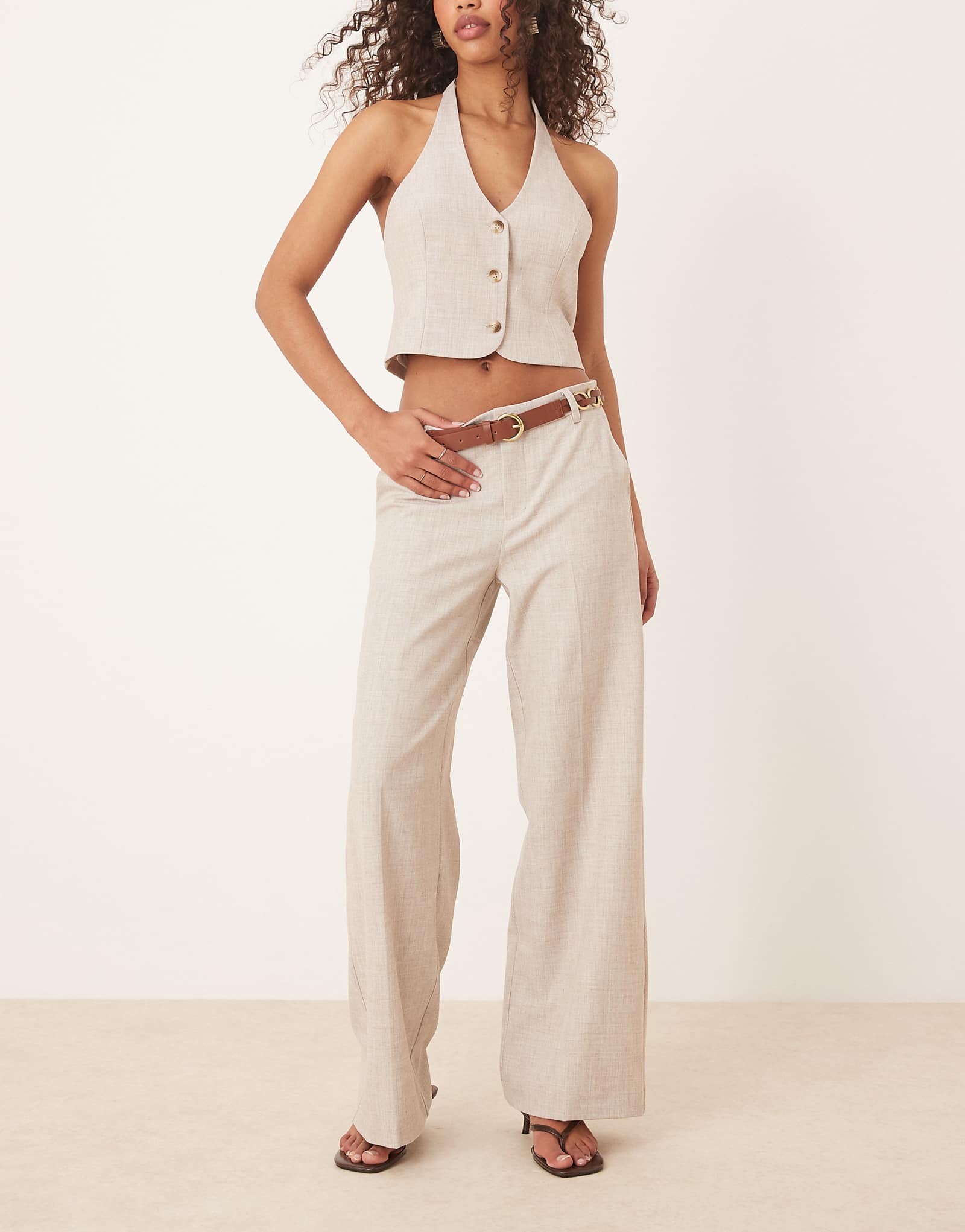 Gina Tricot mix and match wide leg suit tailored pants in beige melange - part of a set
