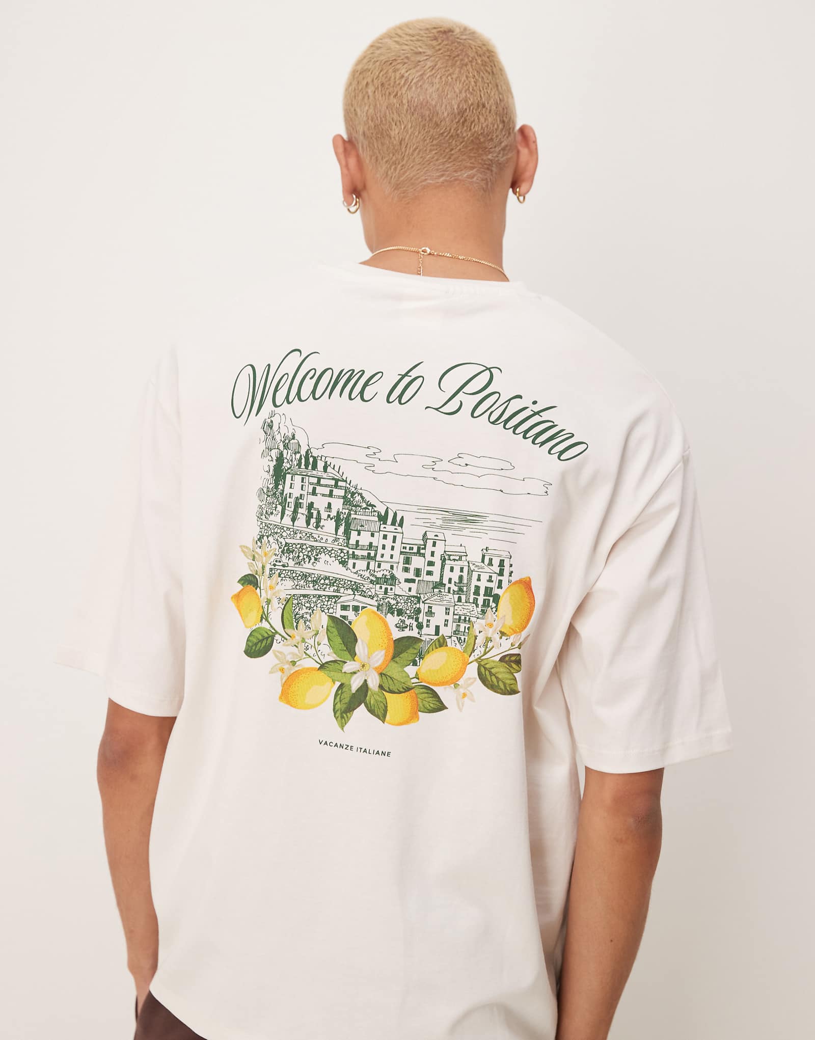 Selected Homme oversized heavyweight T-shirt with positano lemons backprint in cream 7390₽