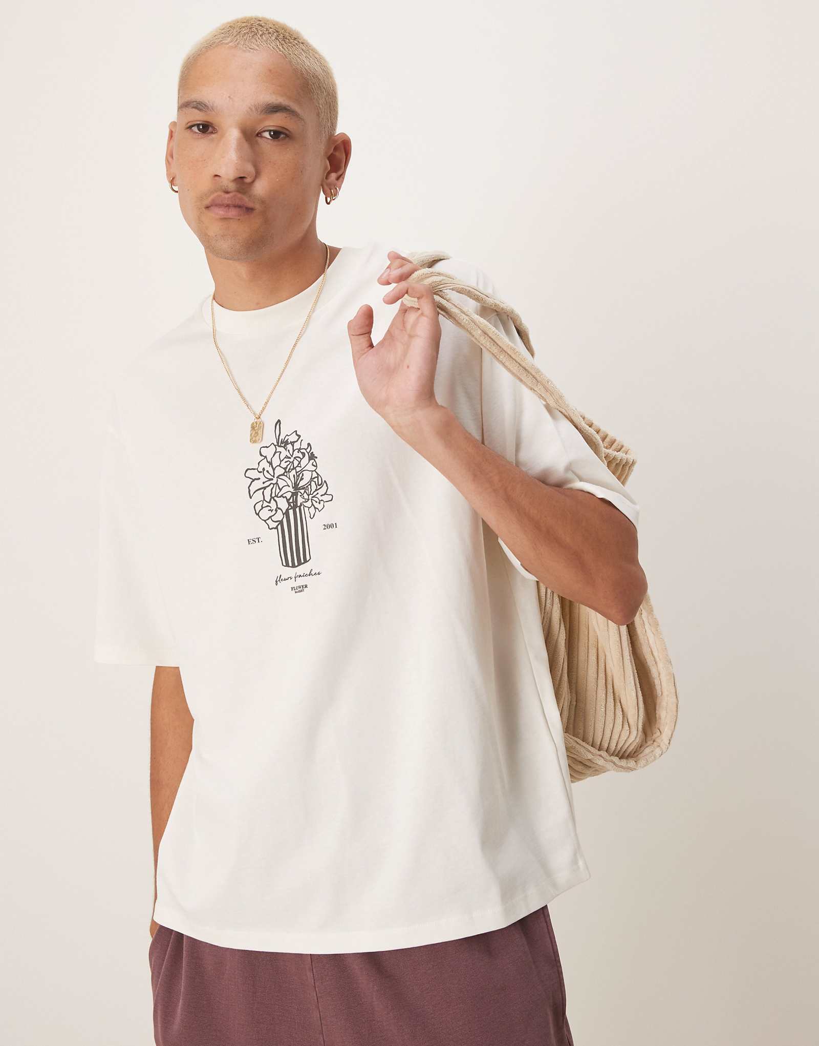 Selected Homme oversized t-shirt with vase chest print in cream