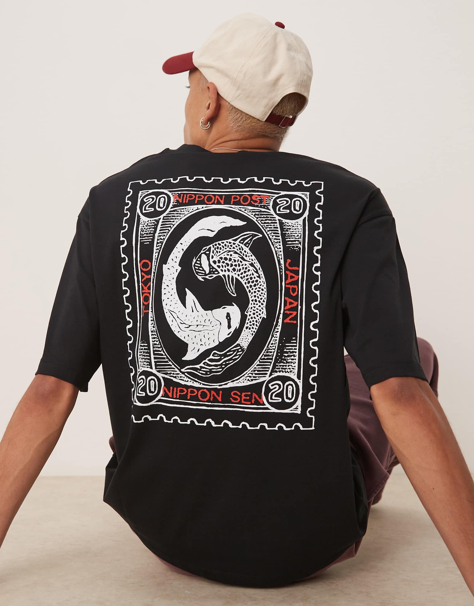 Selected Homme oversized t-shirt with koi back print in black