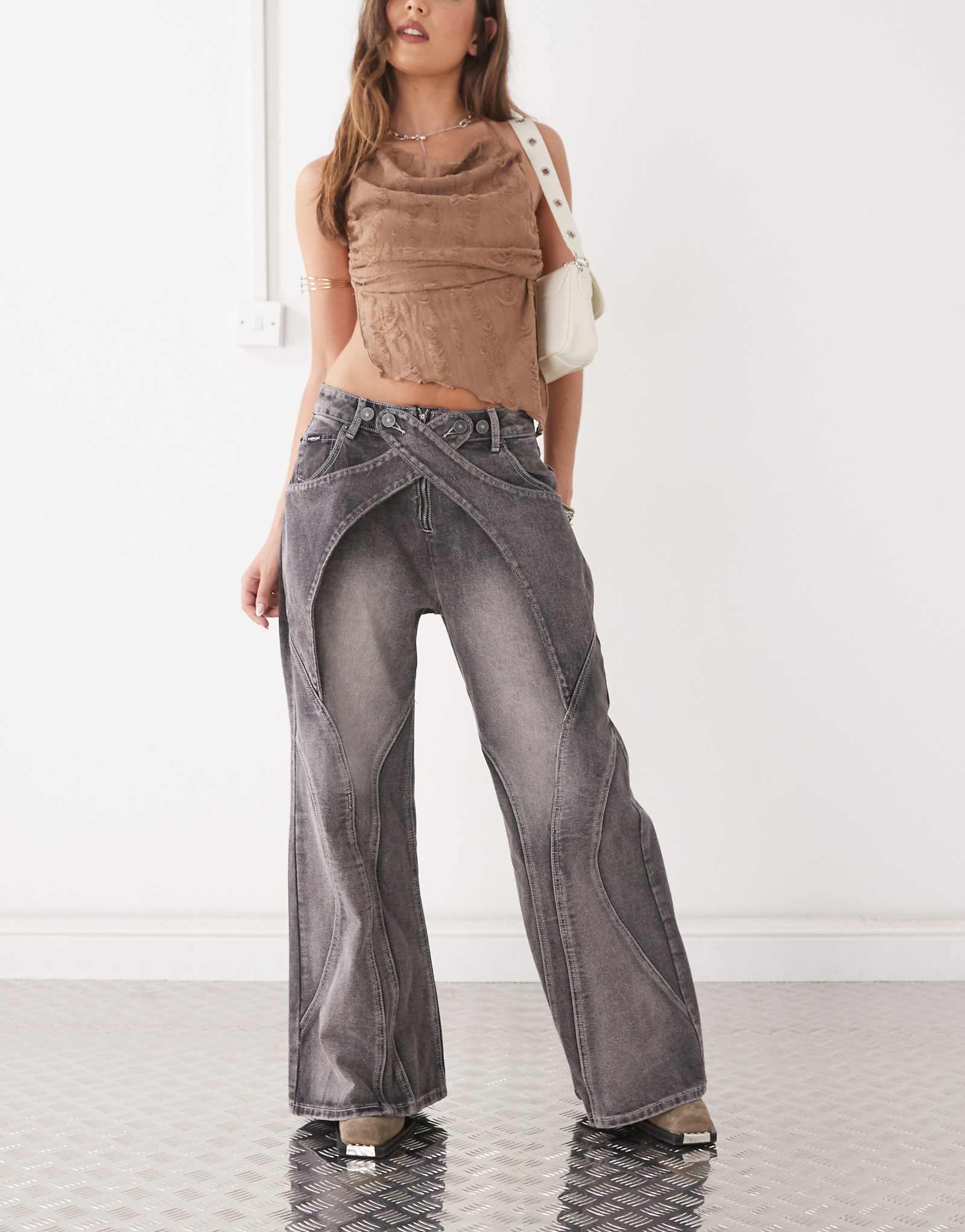 Minga London seam detail washed baggy jeans in black