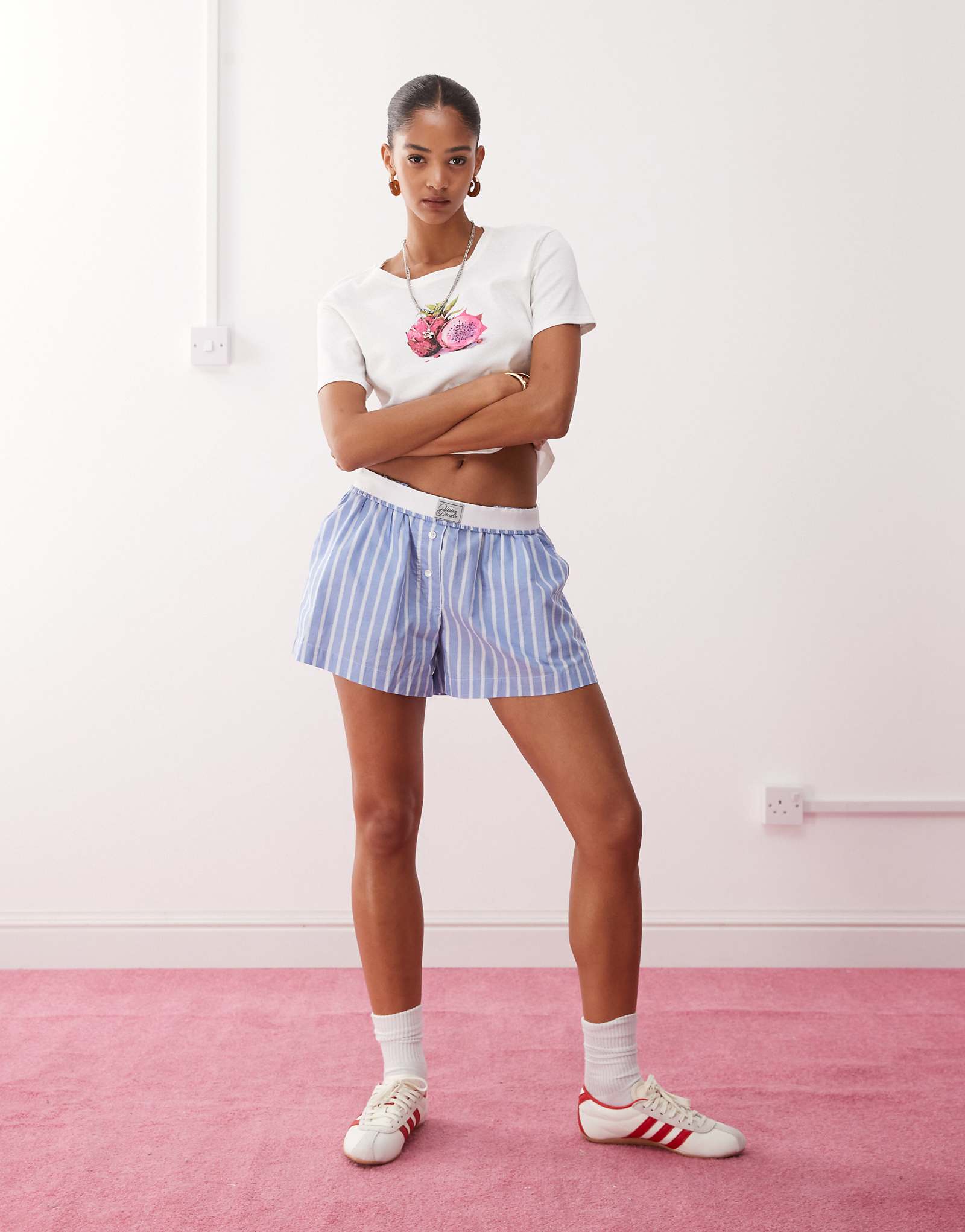 Monki pull on boxer shorts with foldable waistband in blue and white stripes