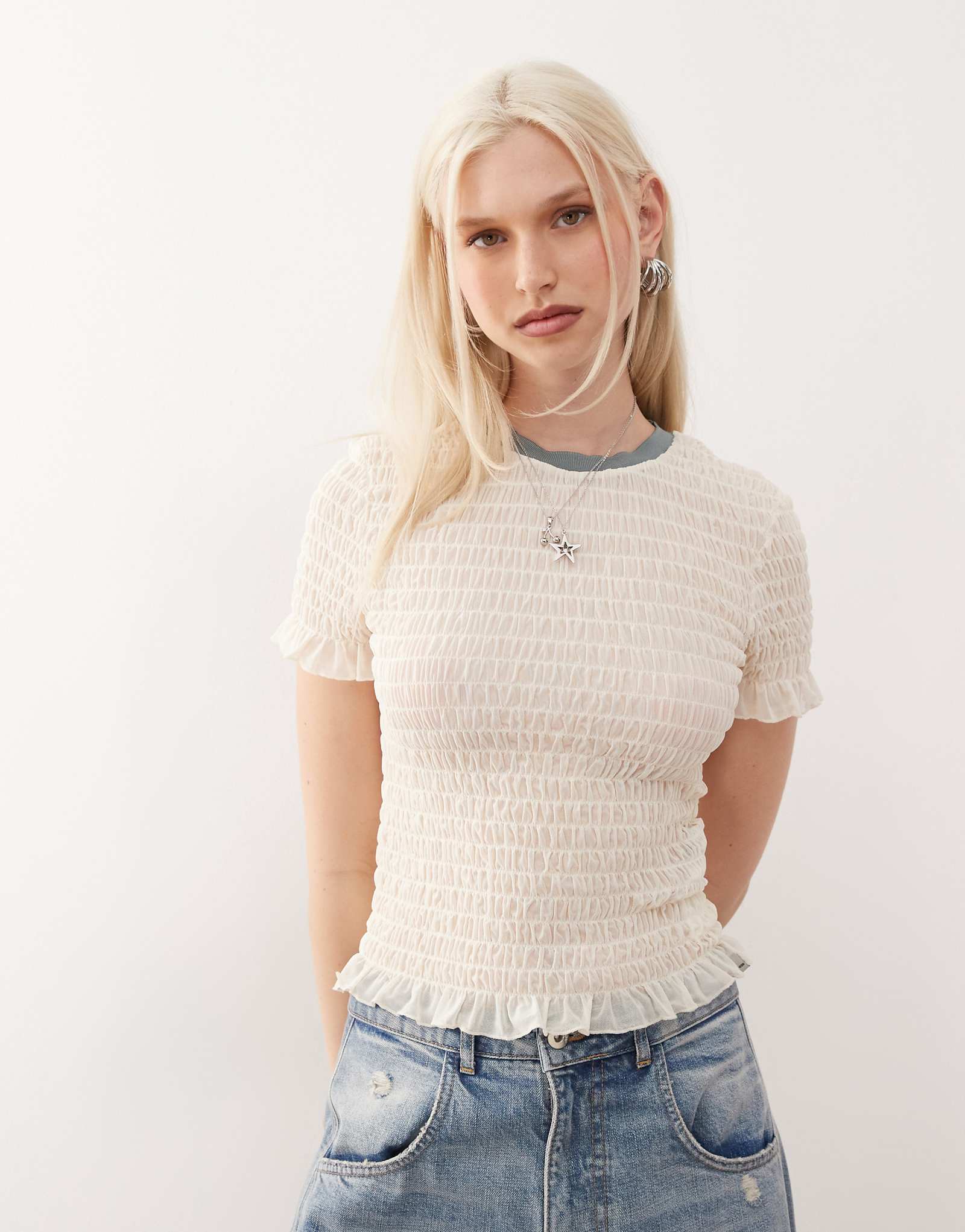 Guess Originals smocked mesh t-shirt in off white