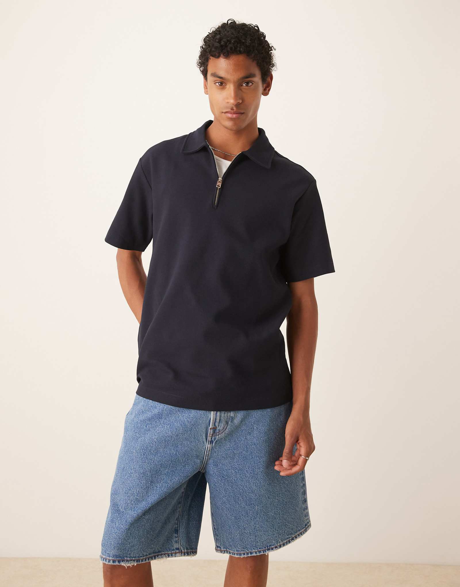 Mango straight leg quarter zip polo top in navy 6790₽