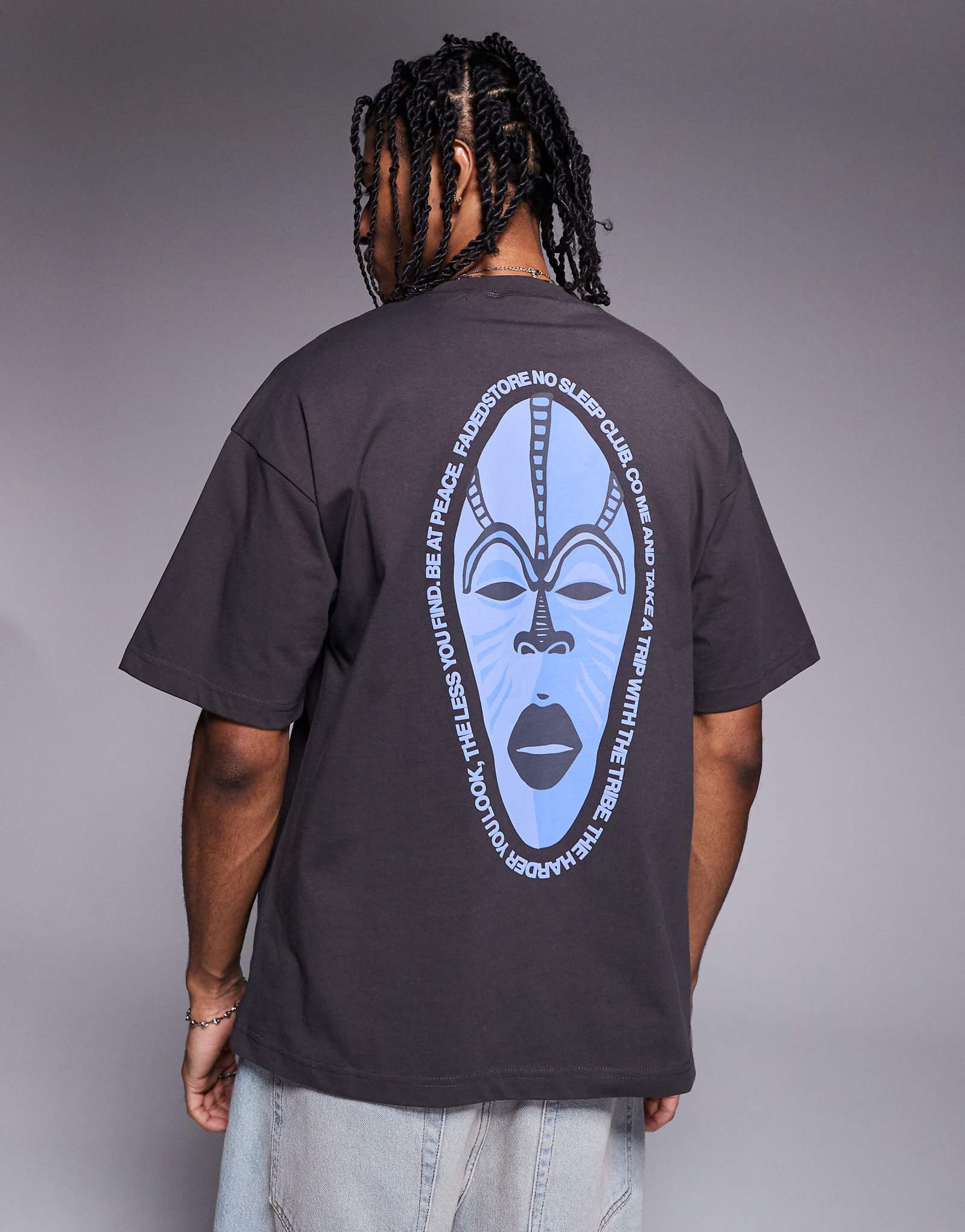 Faded Store face graphic back print t-shirt in charcoal