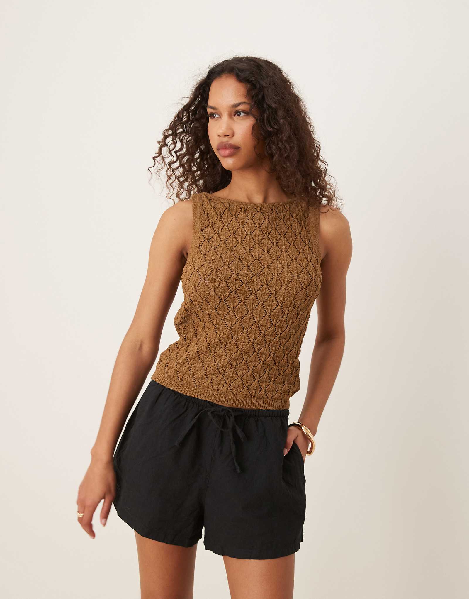 Gina Tricot relaxed fit drawstring linen blend shorts in black