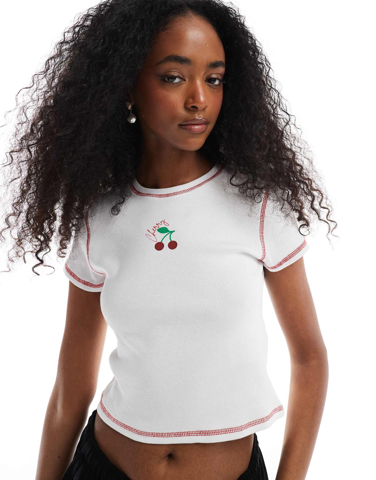 Pieces ribbed baby tee with cherry motif in white