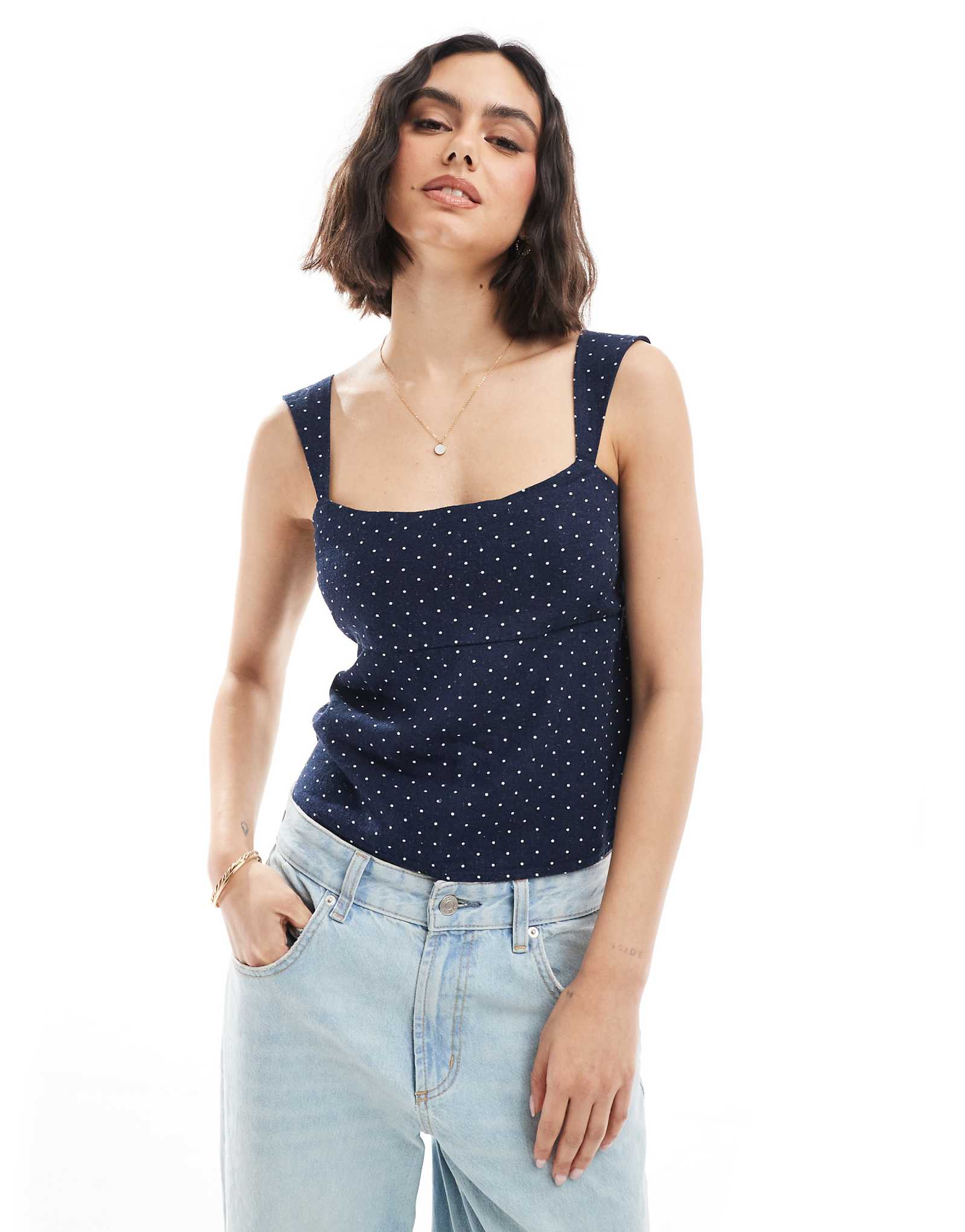 Hollister sleeveless tie back linen blend top in navy polka dot