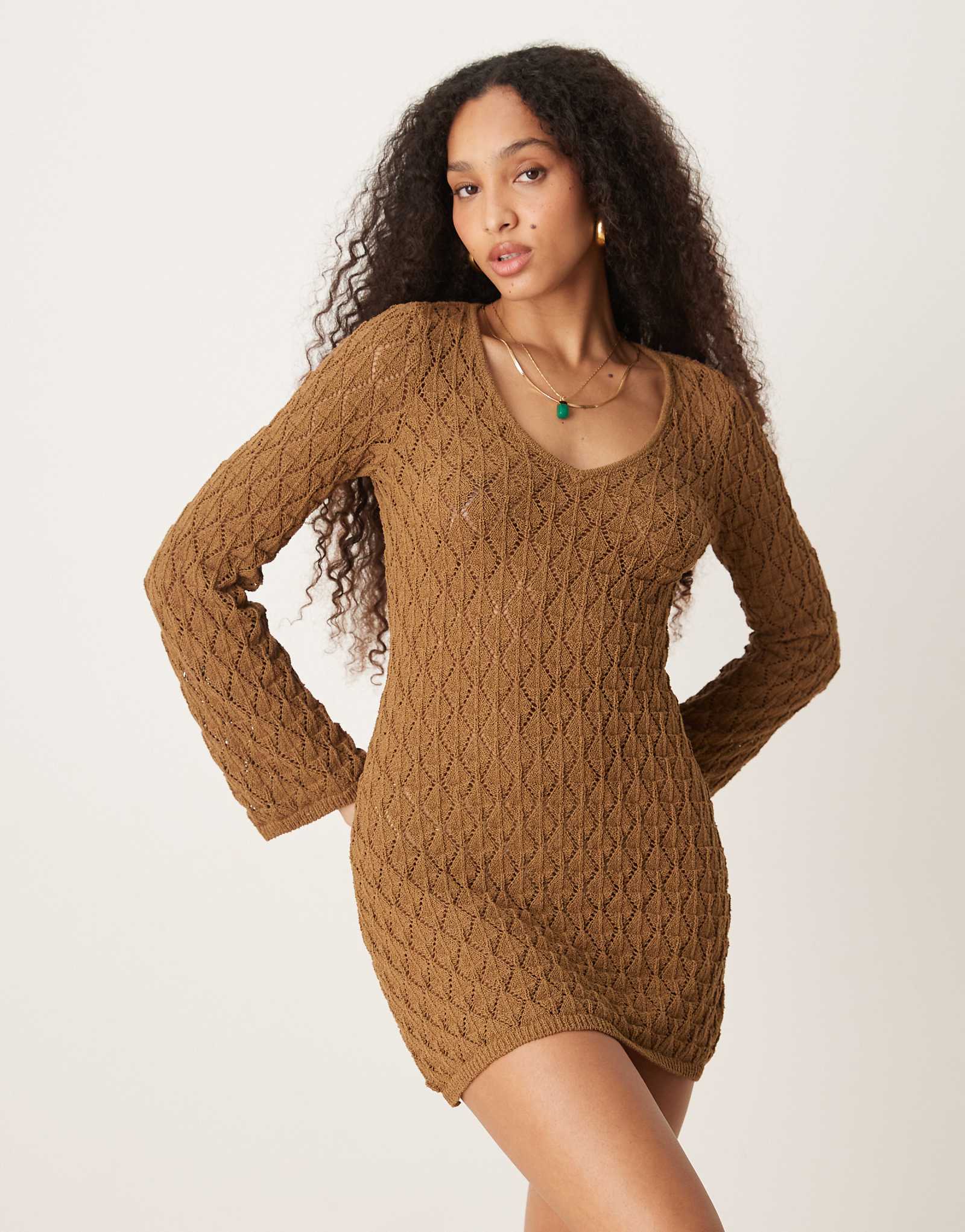 AWARE crochet knit mini dress with wide sleeves in brown