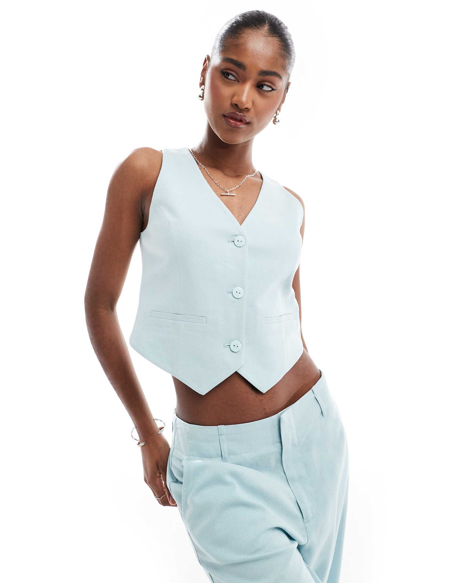 Stradivarius cropped linen mix vest with open back in light blue - part of a set 2490₽