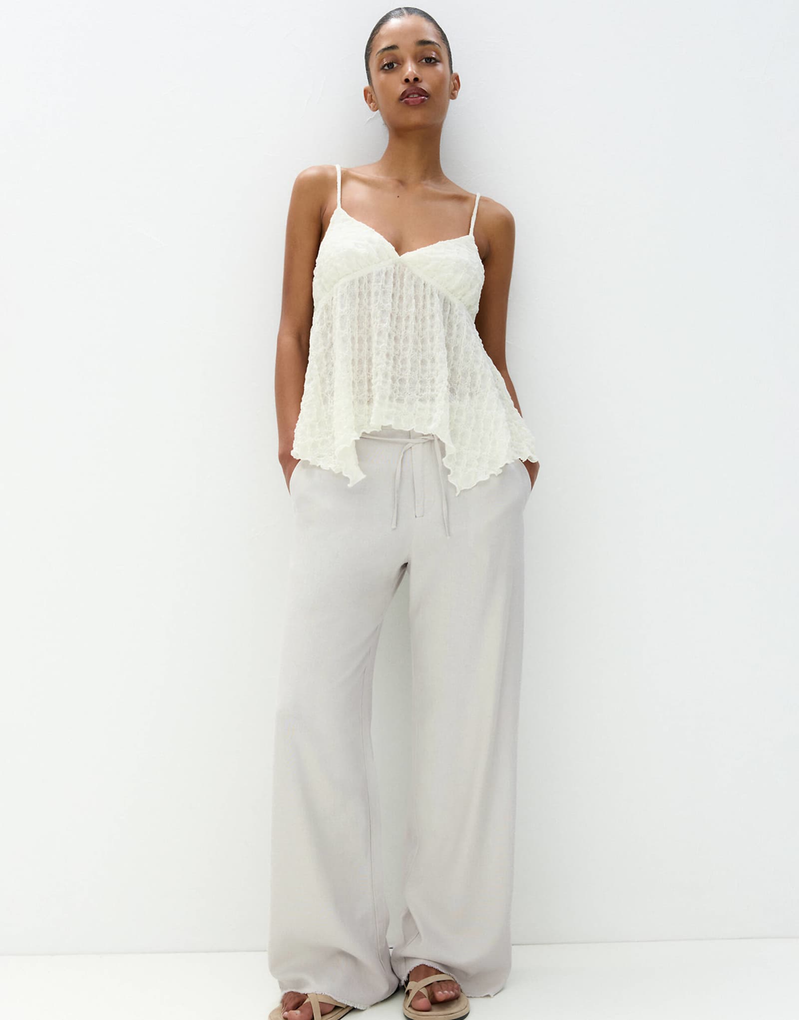 Pull-Bear tie up waist frayed hem wide leg pants in gray